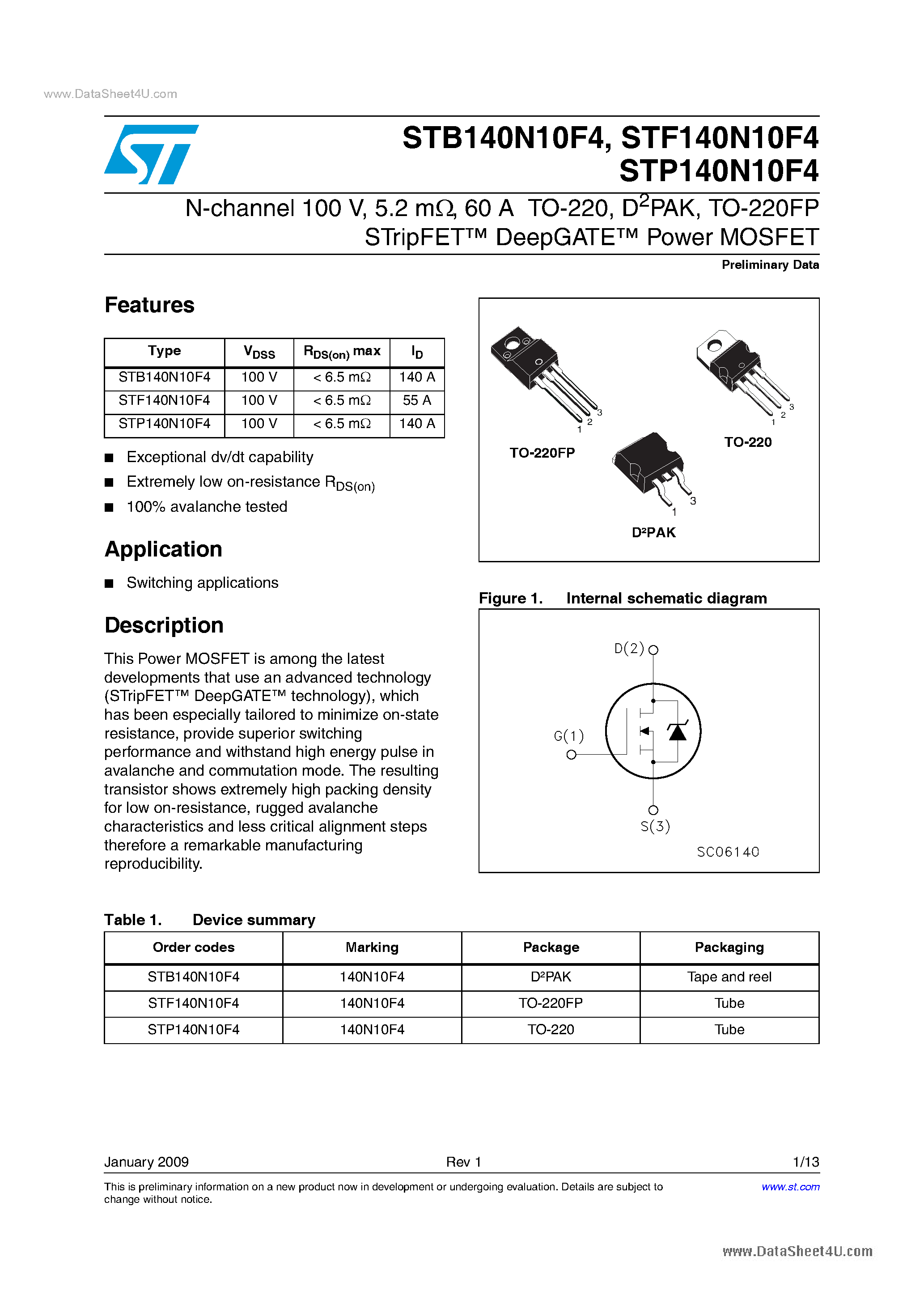 Даташит STP140N10F4 - Power MOSFET страница 1