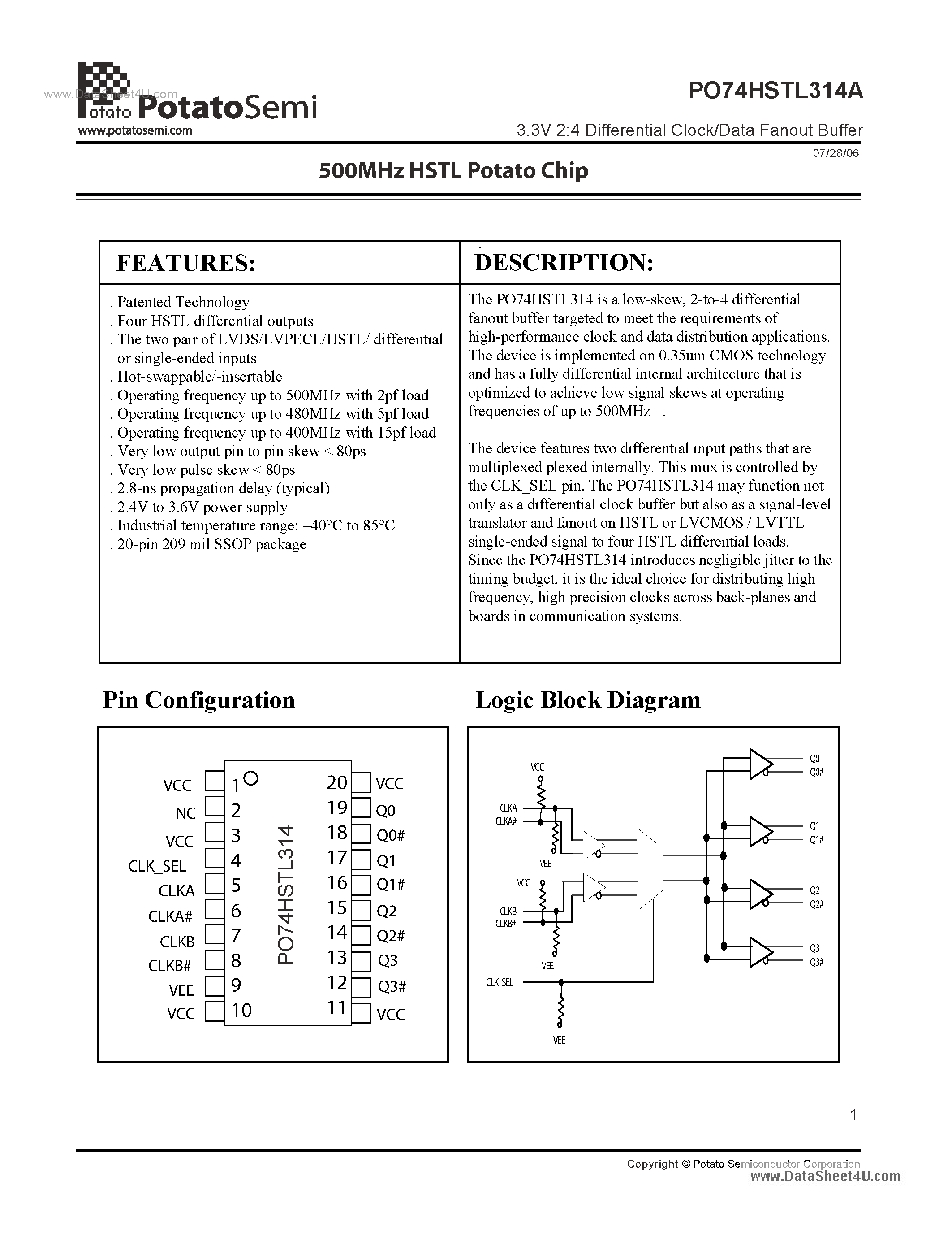 Даташит PO74HSTL314A - 3.3V 2:4 Differential Clock/Data Fanout Buffer страница 1