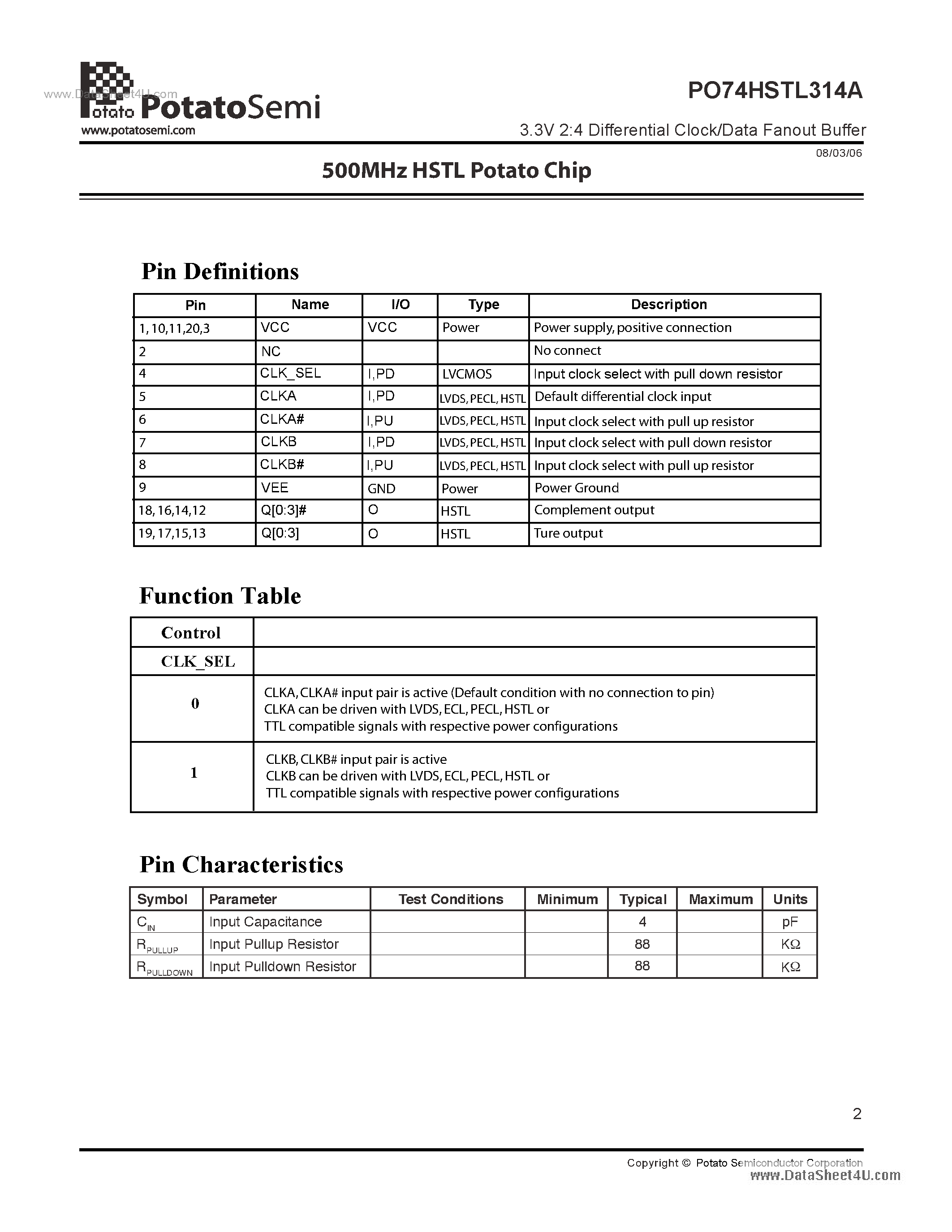 Даташит PO74HSTL314A - 3.3V 2:4 Differential Clock/Data Fanout Buffer страница 2