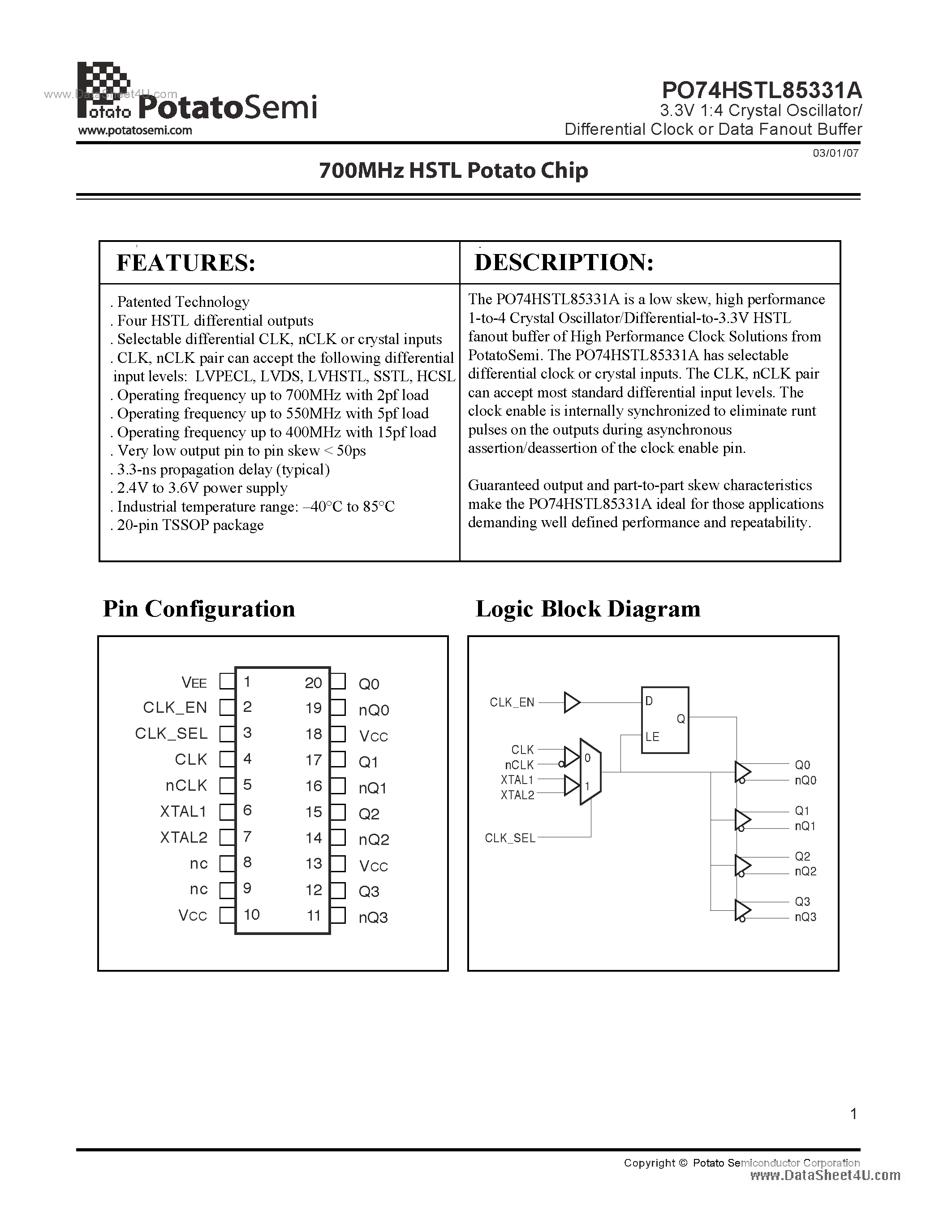 Даташит PO74HSTL85331A - 3.3V 1:4 Crystal Oscillator/ Differential Clock or Data Fanout Buffer страница 1