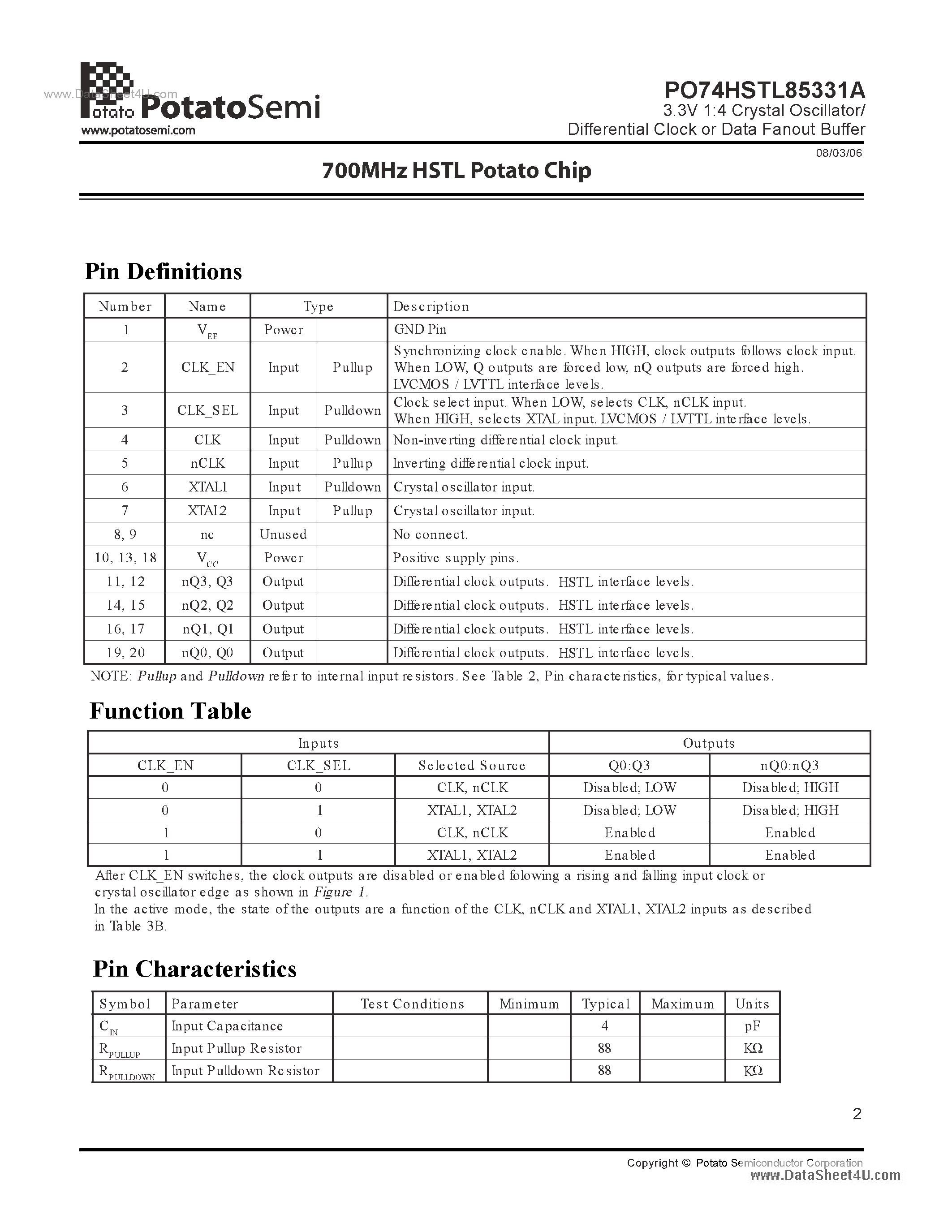 Даташит PO74HSTL85331A - 3.3V 1:4 Crystal Oscillator/ Differential Clock or Data Fanout Buffer страница 2