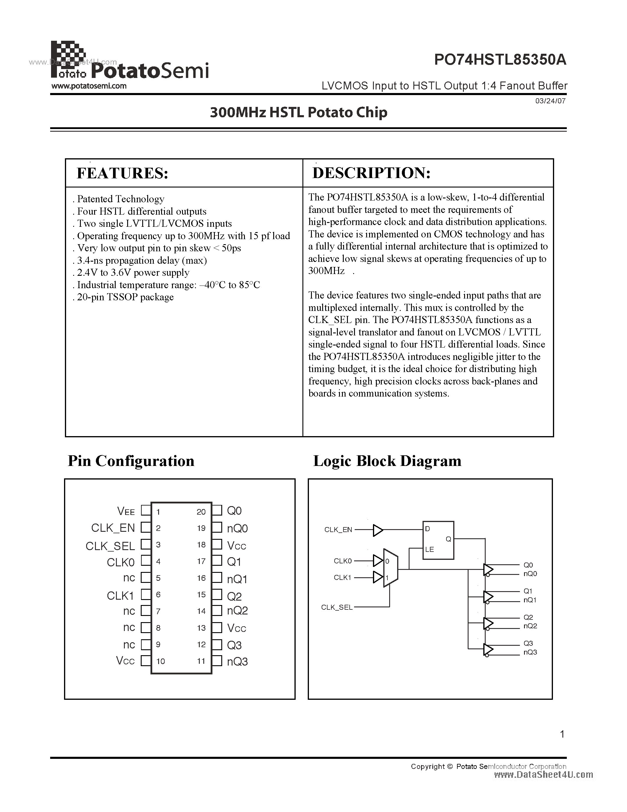 Даташит PO74HSTL85350A - LVCMOS Input to HSTL Output 1:4 Fanout Buffer страница 1