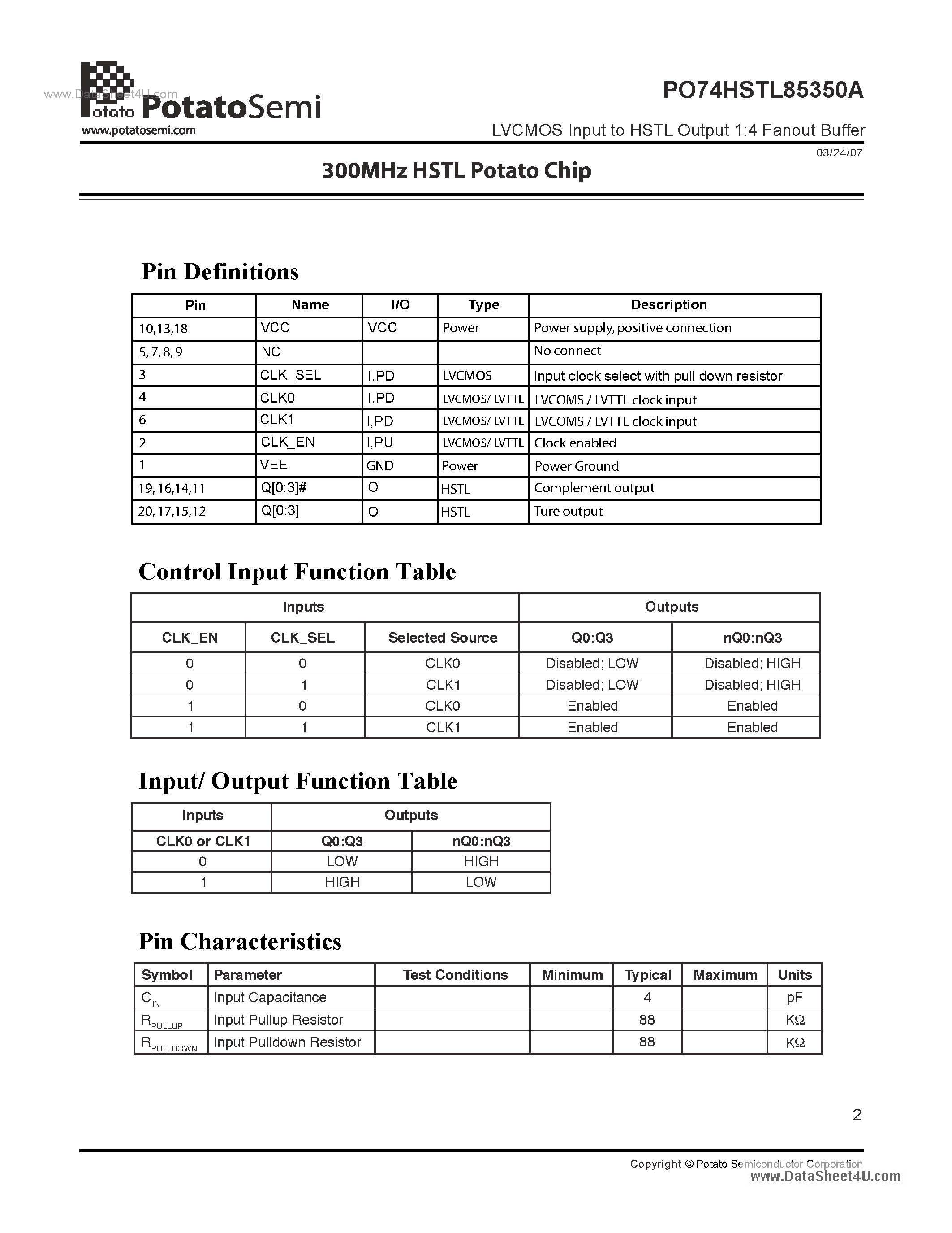 Даташит PO74HSTL85350A - LVCMOS Input to HSTL Output 1:4 Fanout Buffer страница 2