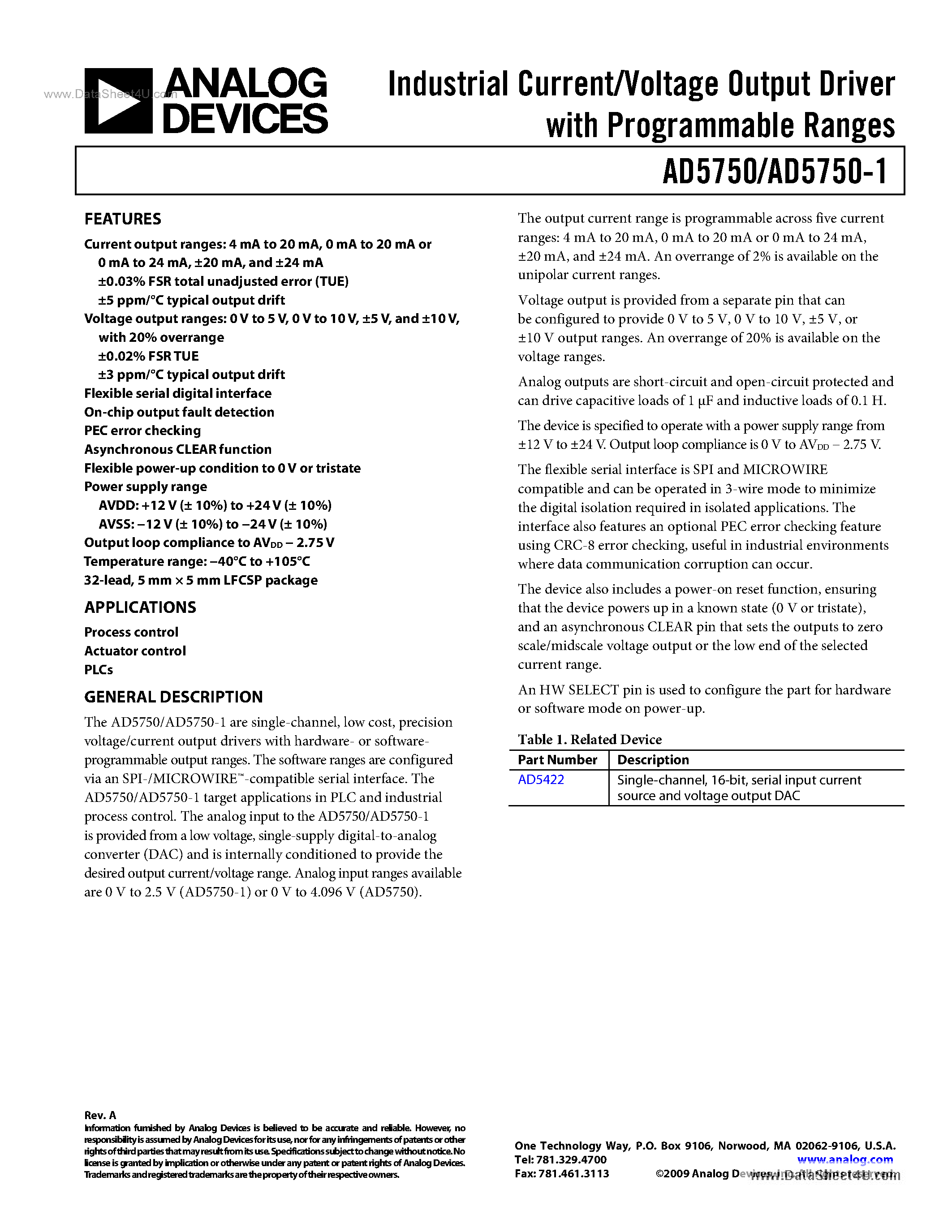 Datasheet AD5750 - Industrial Current/Voltage Output Driver page 1