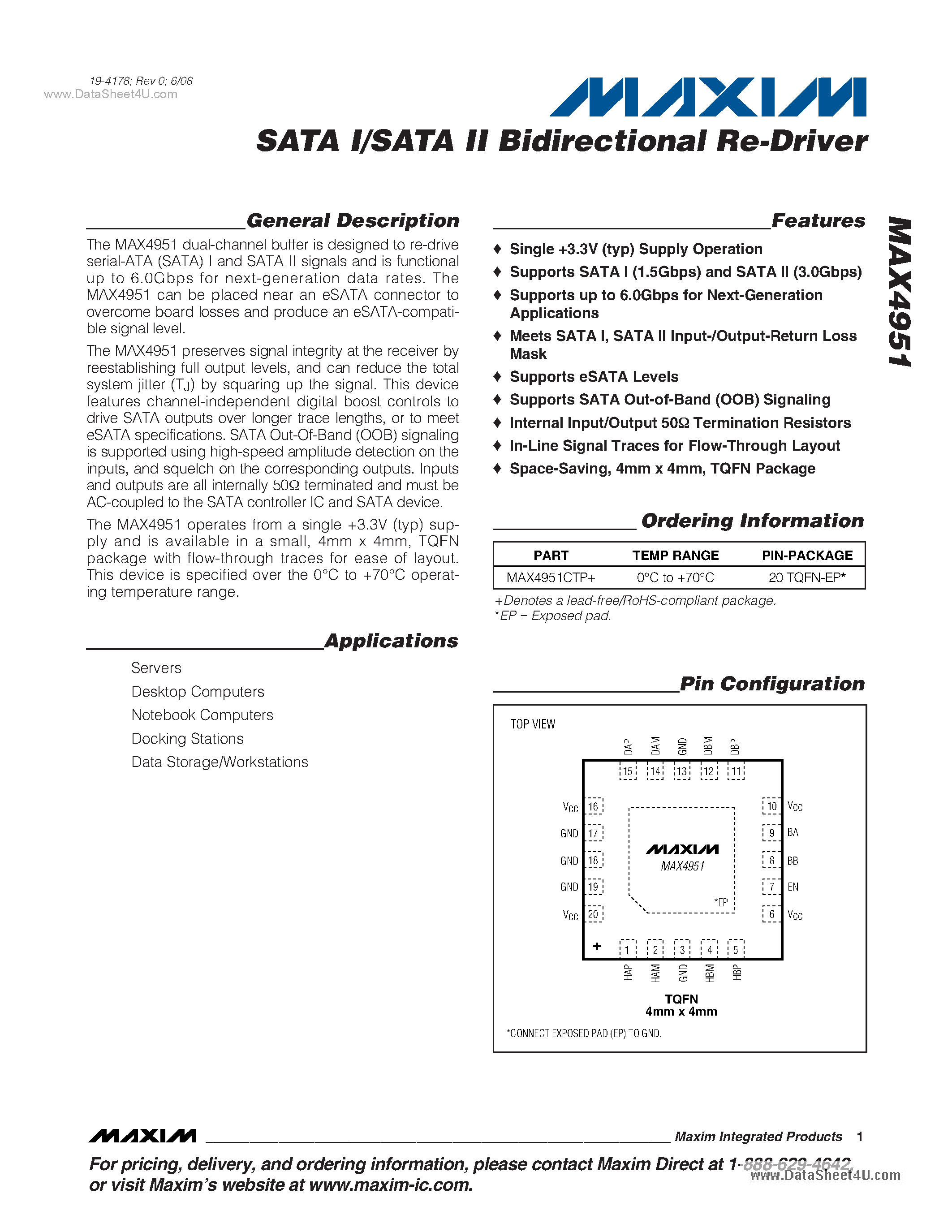 Datasheet MAX4951 - SATA I/SATA II Bidirectional Re-Driver page 1