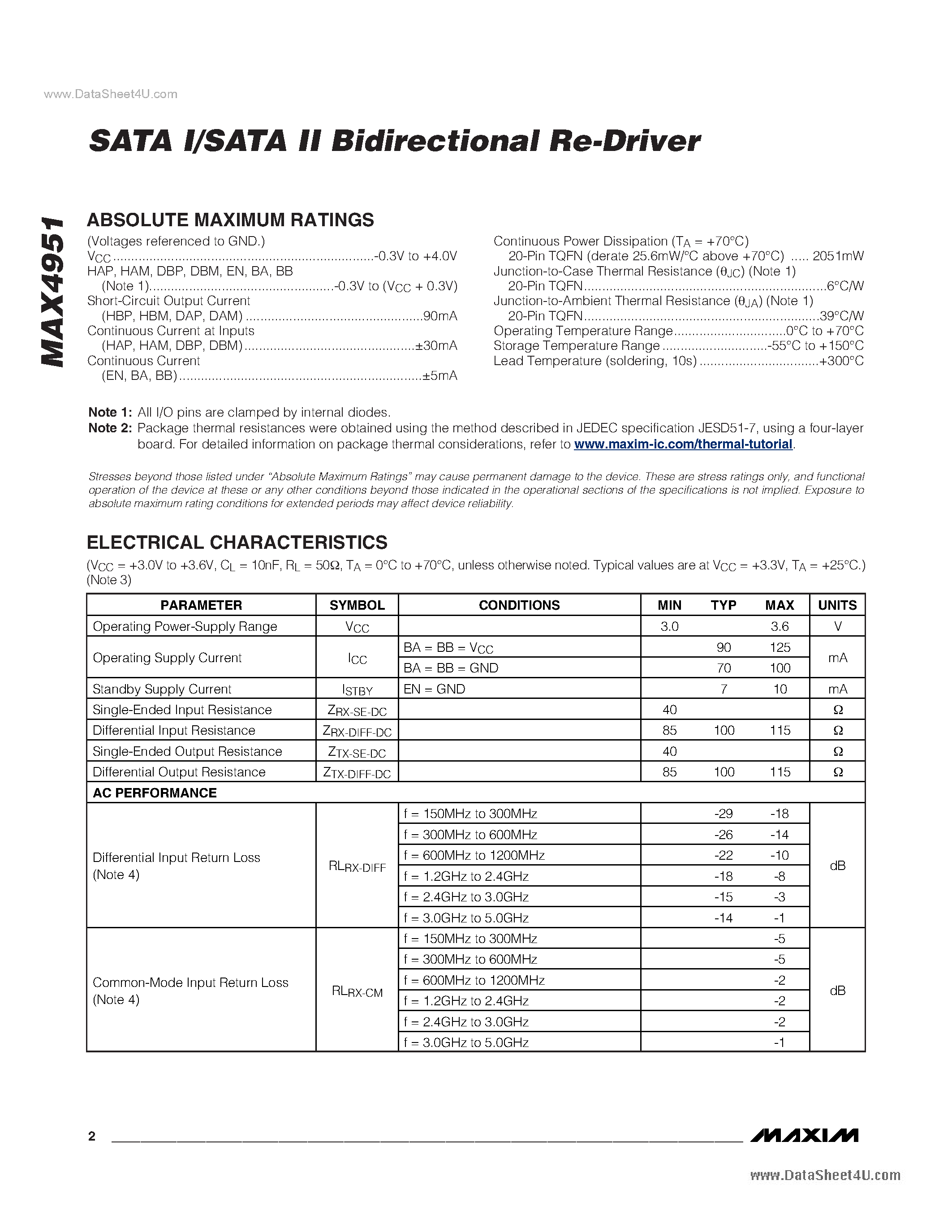 Datasheet MAX4951 - SATA I/SATA II Bidirectional Re-Driver page 2