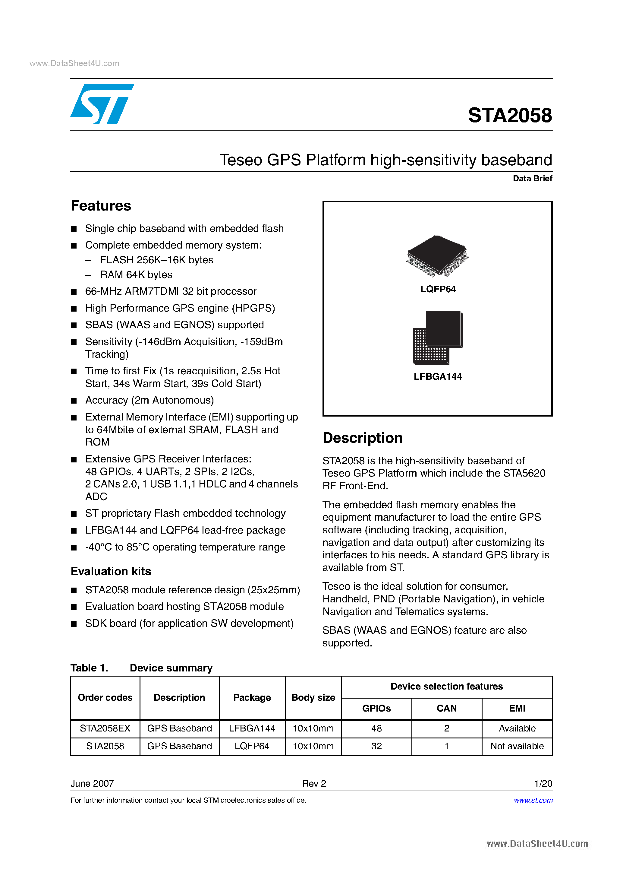 Даташит STA2058 - Teseo GPS Platform high-sensitivity baseband страница 1