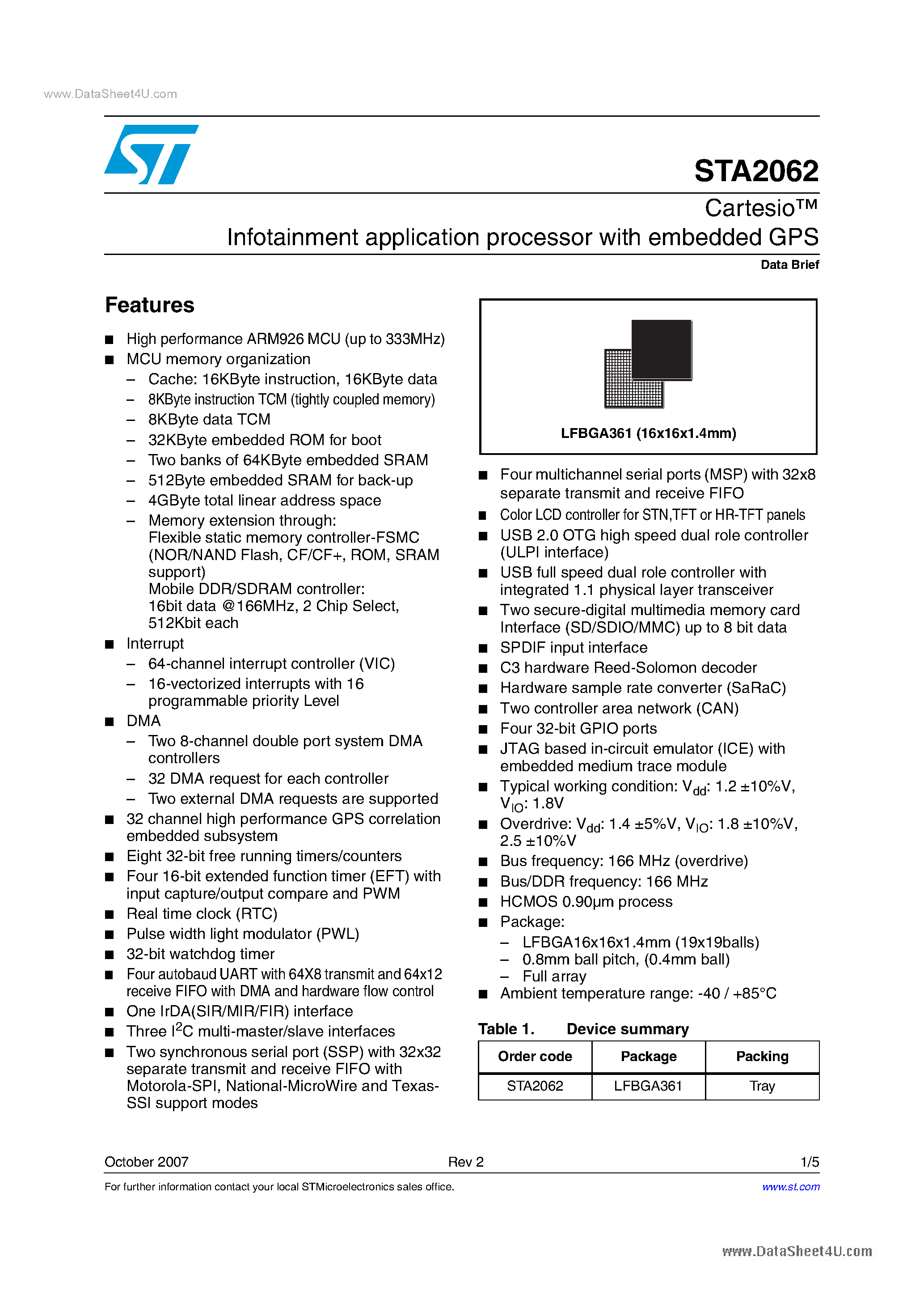 Даташит STA2062 - Infotainment application processor страница 1