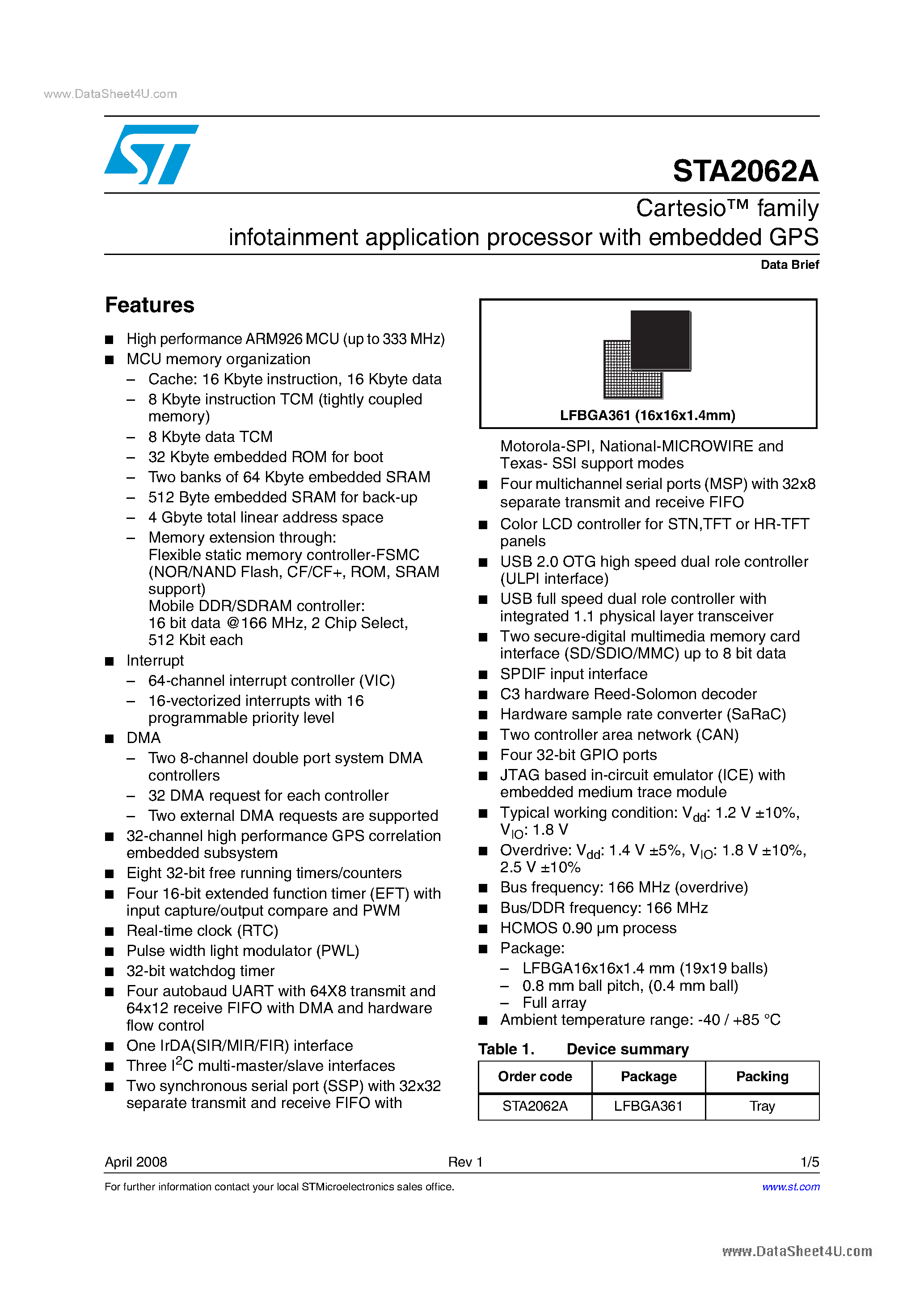 Даташит STA2062A - Infotainment application processor страница 1