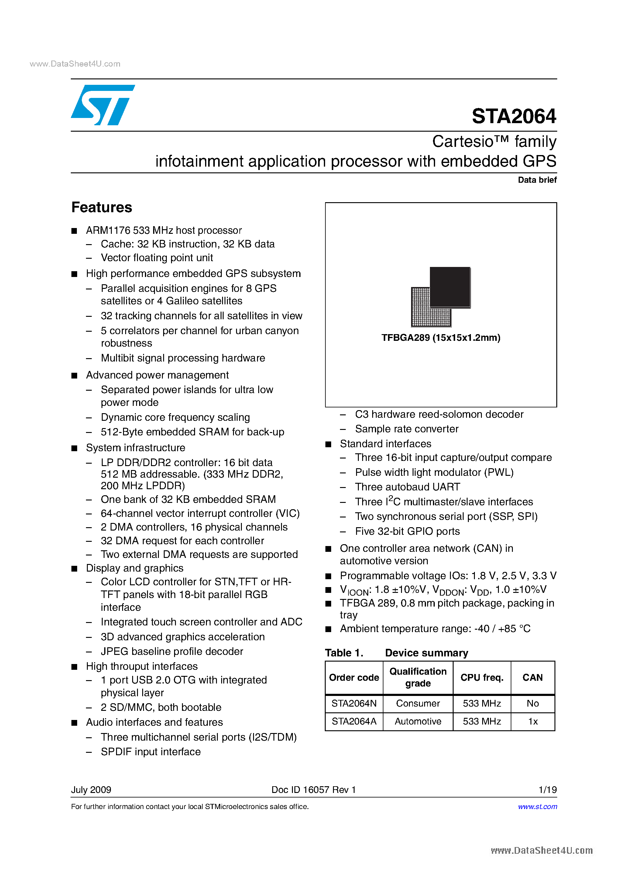 Даташит STA2064 - infotainment application processor страница 1