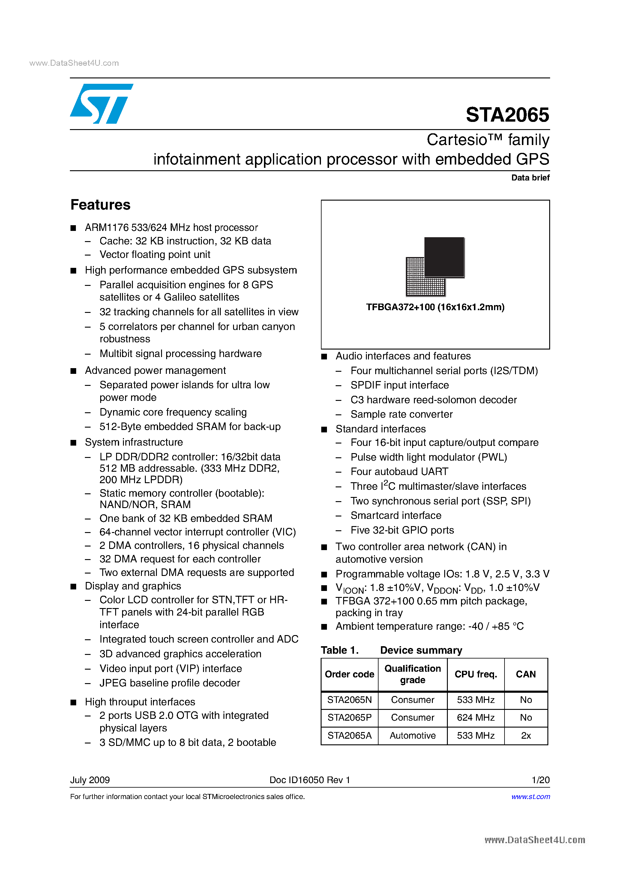 Даташит STA2065 - infotainment application processor страница 1