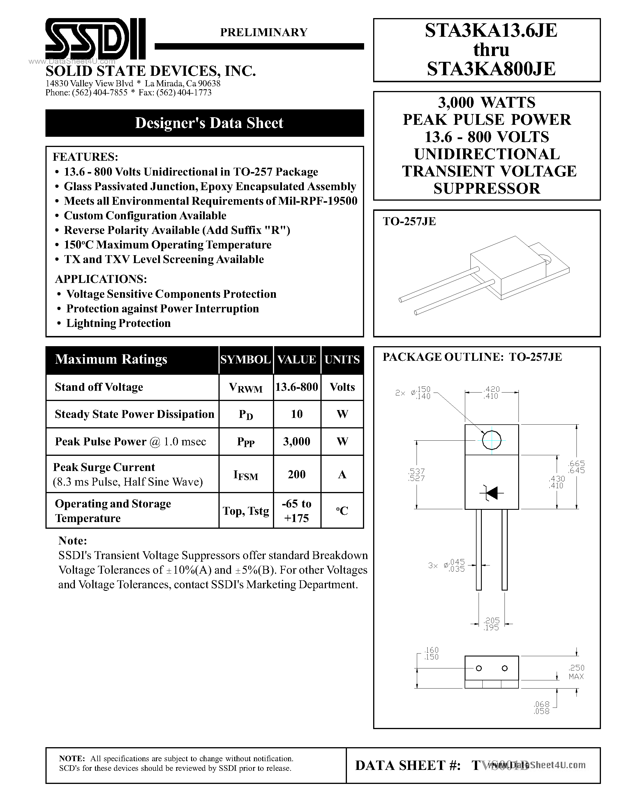 Даташит STA3KAxxxJE - UNIDIRECTIONAL TRANSIENT VOLTAGE SUPPRESSOR страница 1