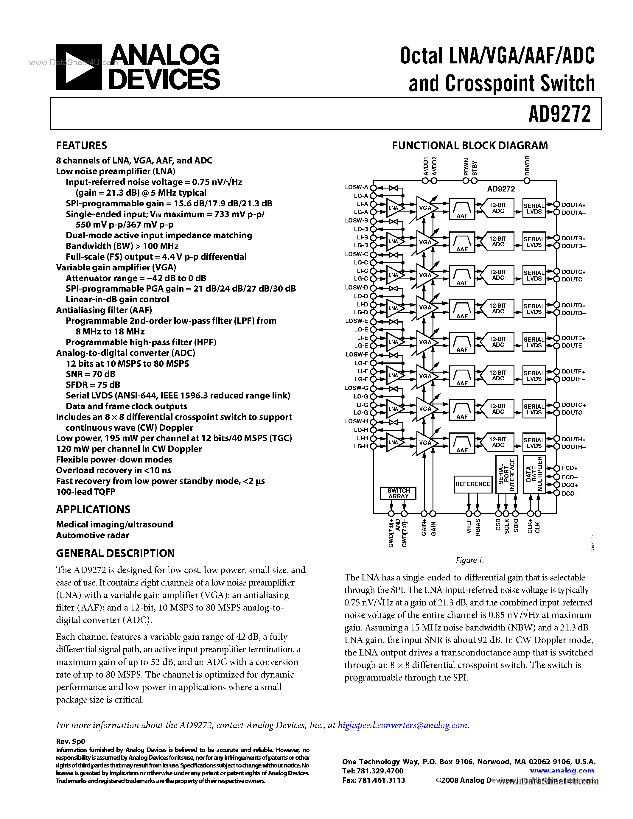 Datasheet AD9272 - Octal LNA/VGA/AAF/ADC and Crosspoint Switch page 1