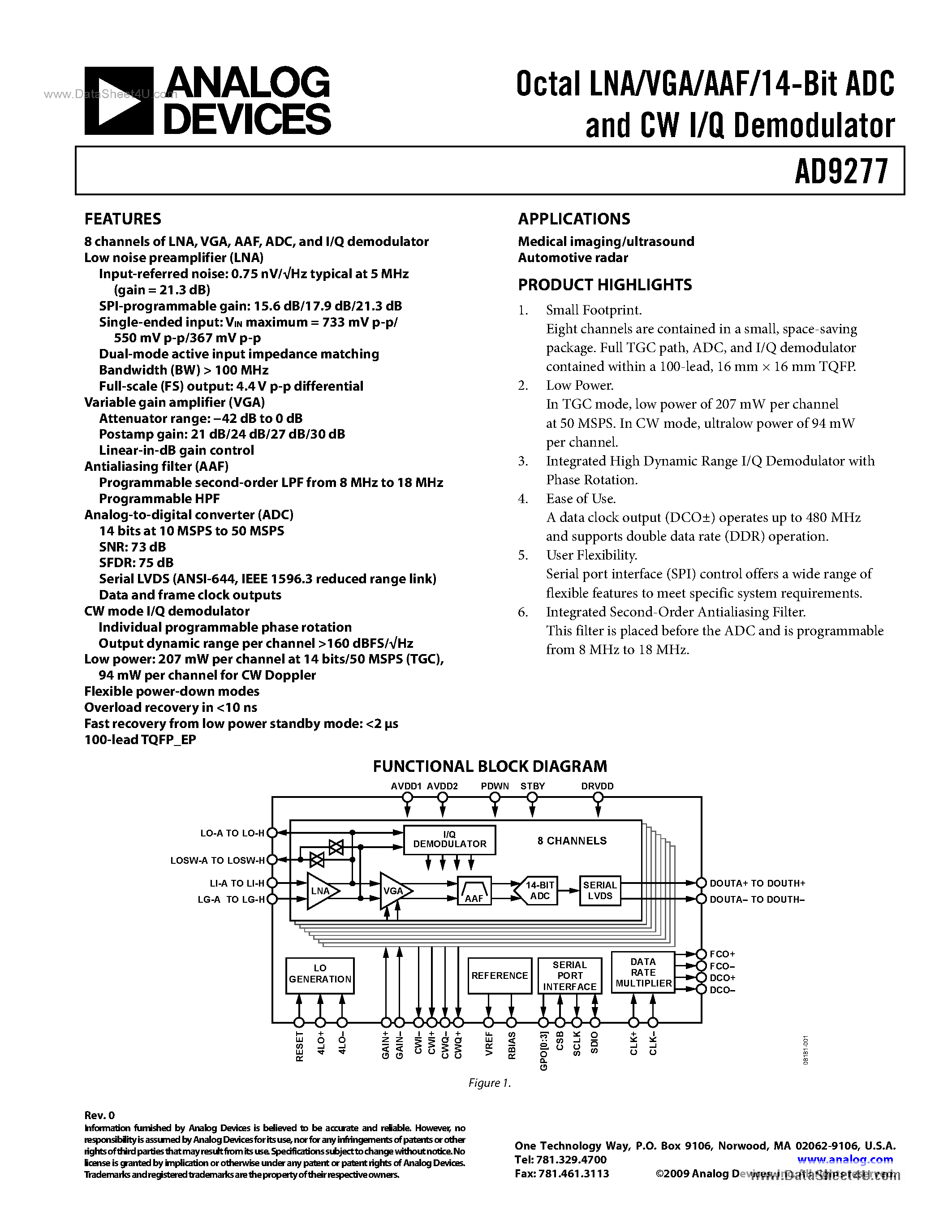 Datasheet AD9277 - Octal LNA/VGA/AAF/14-Bit ADC And CW I/Q Demodulator page 1