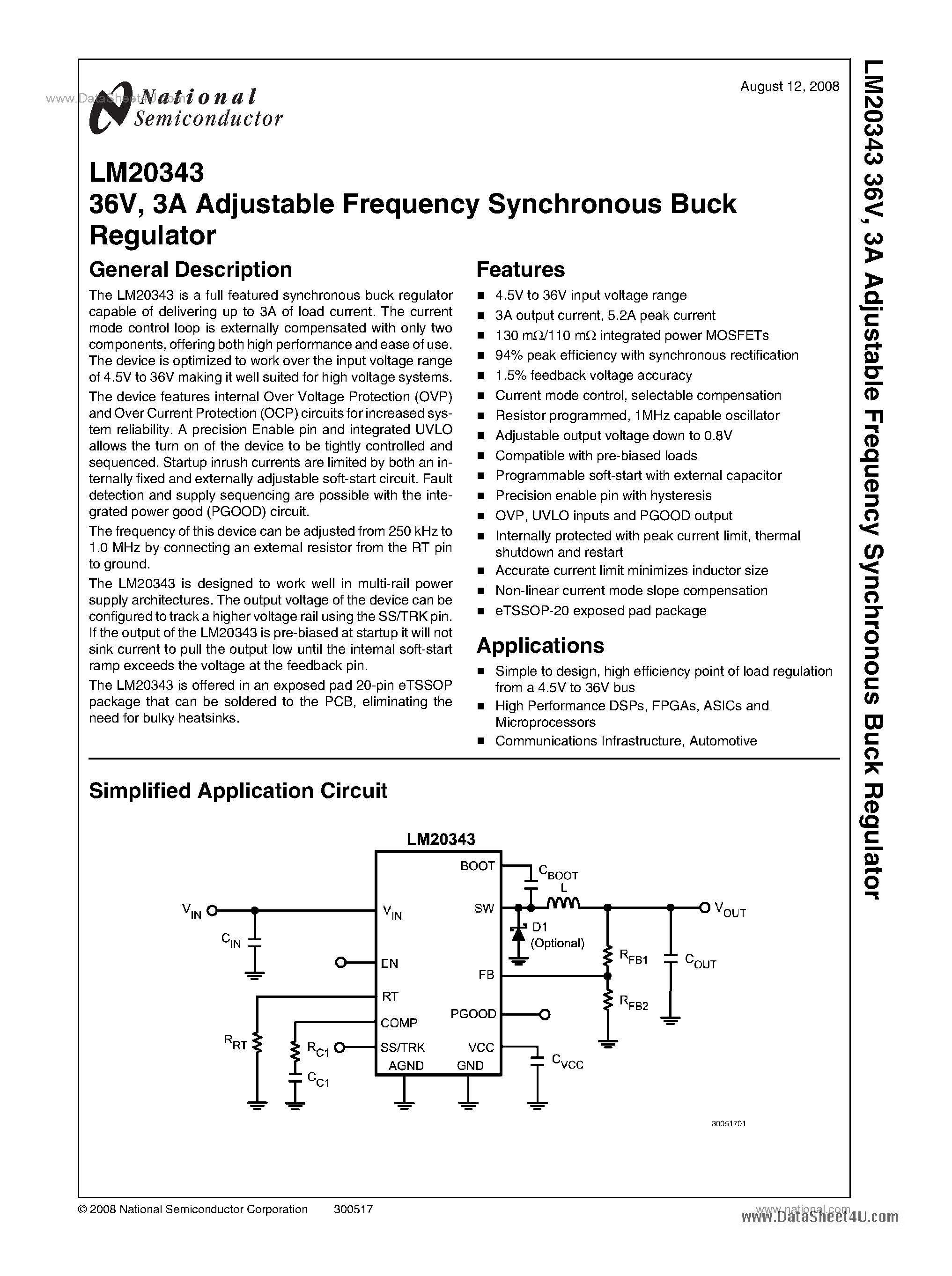 Datasheet LM20343 - 3A Adjustable Frequency Synchronous Buck Regulator page 1