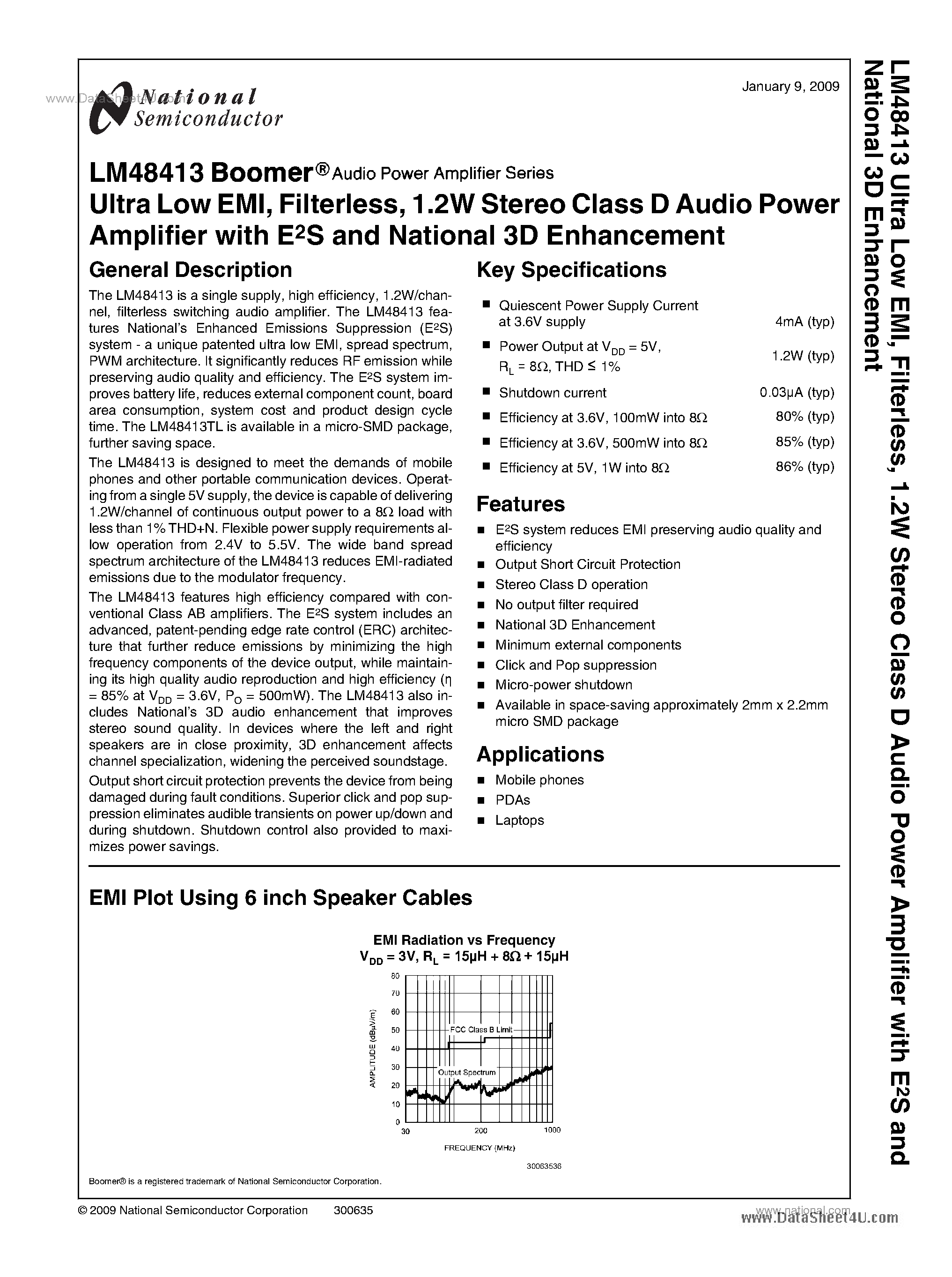 Даташит LM48413 - 1.2W Stereo Class D Audio Power Amplifier страница 1