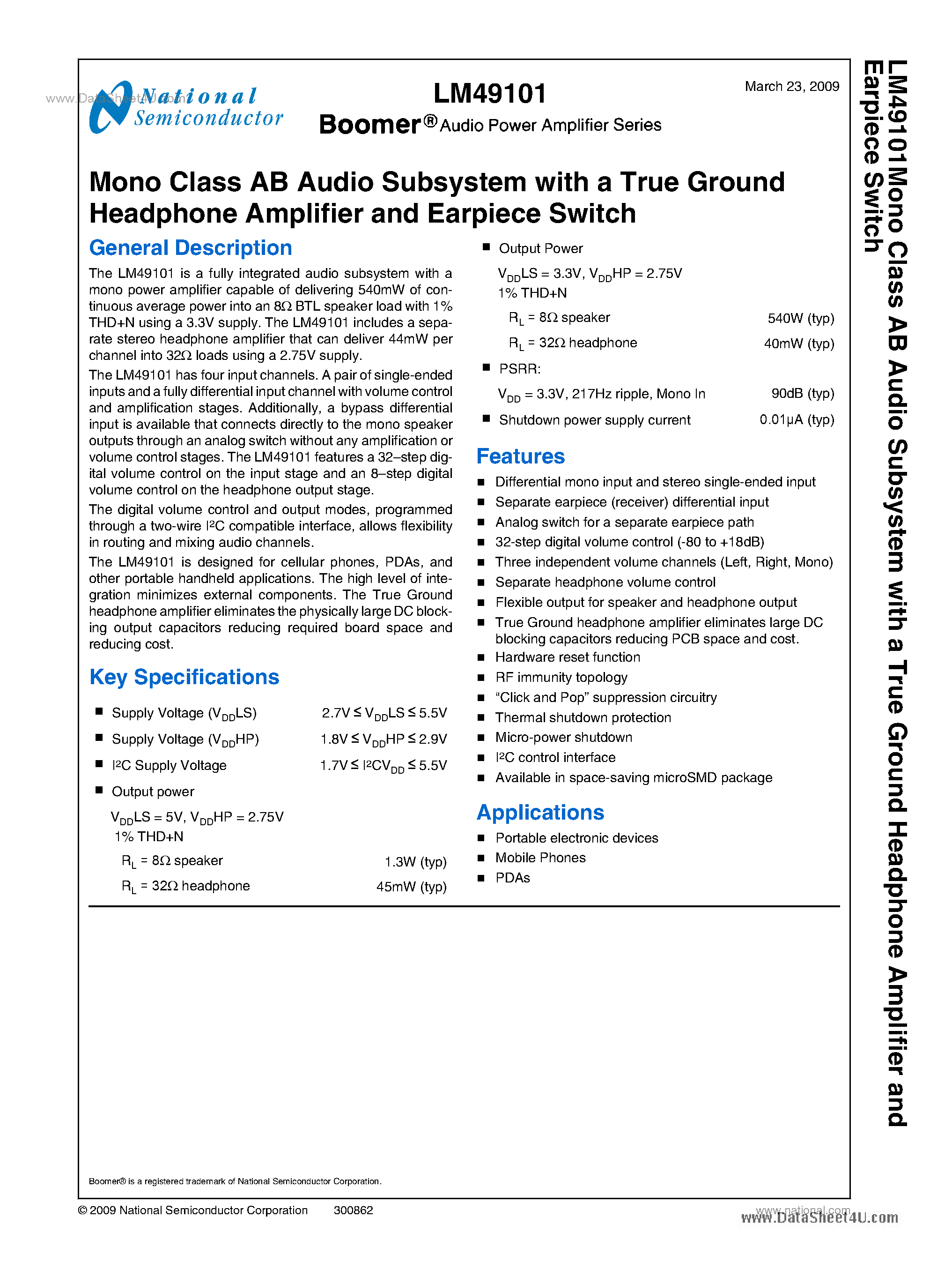 Даташит LM49101 - Mono Class AB Audio Subsystem страница 1