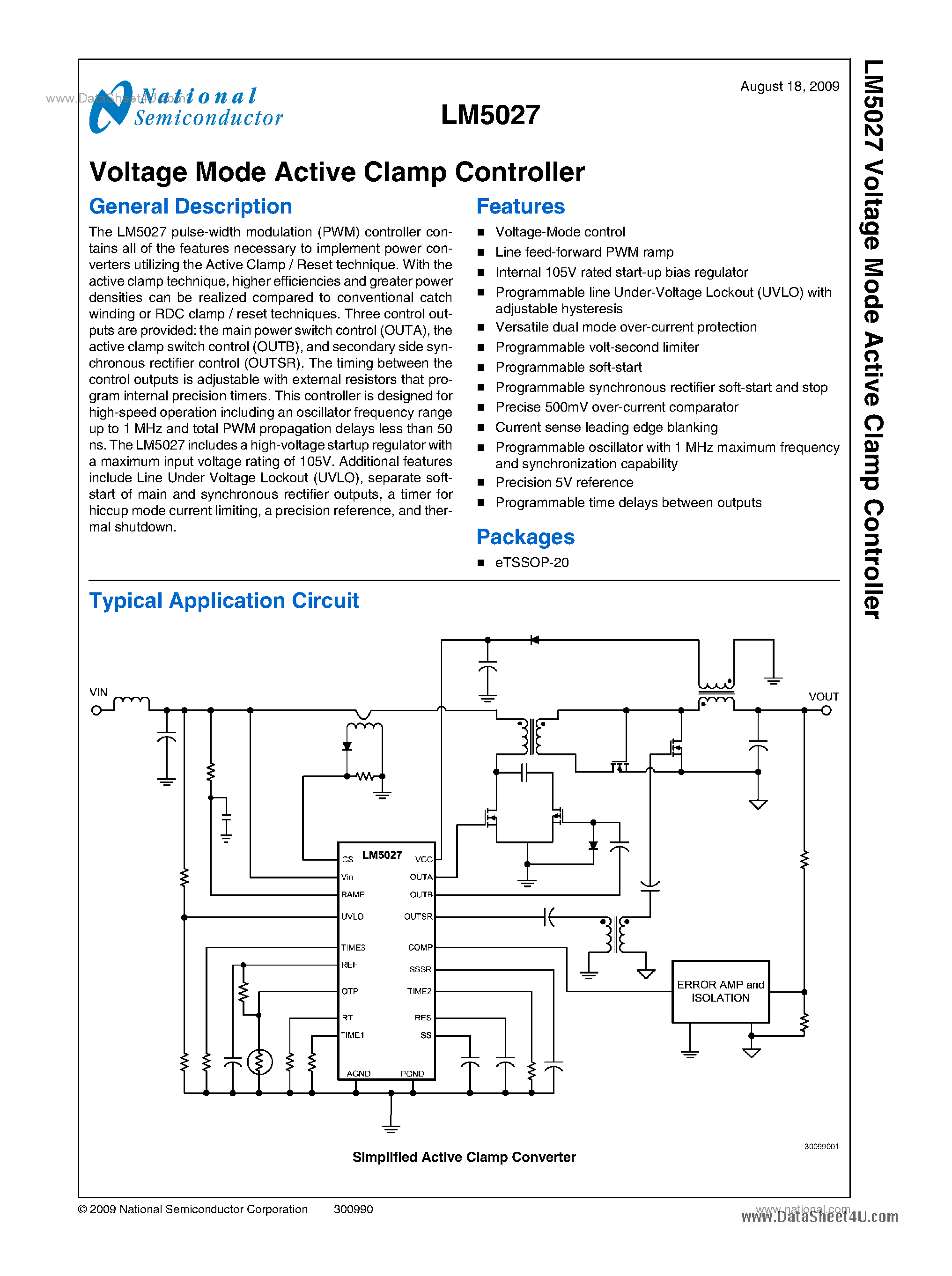 Datasheet LM5027 - Voltage Mode Active Clamp Controller page 1