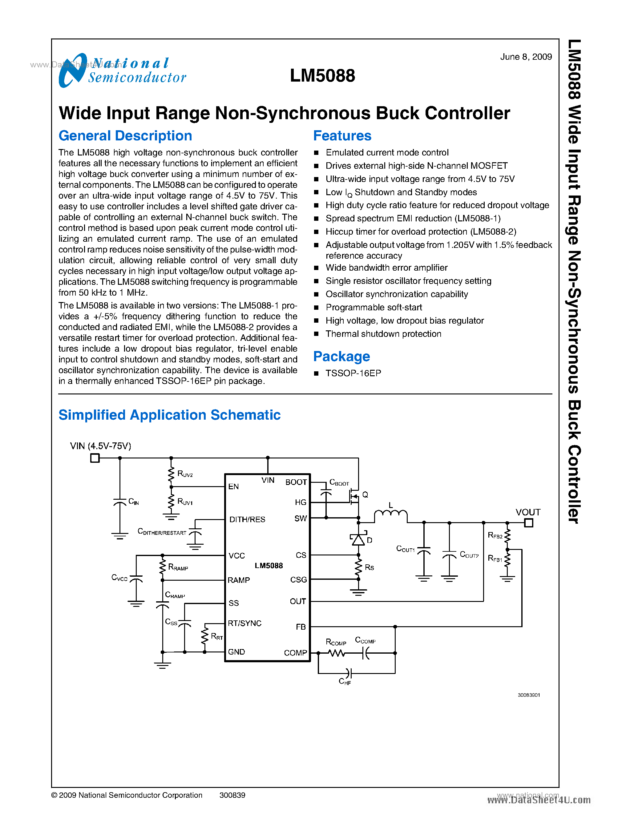 Datasheet LM5088 - Wide Input Range Non-Synchronous Buck Controller page 1