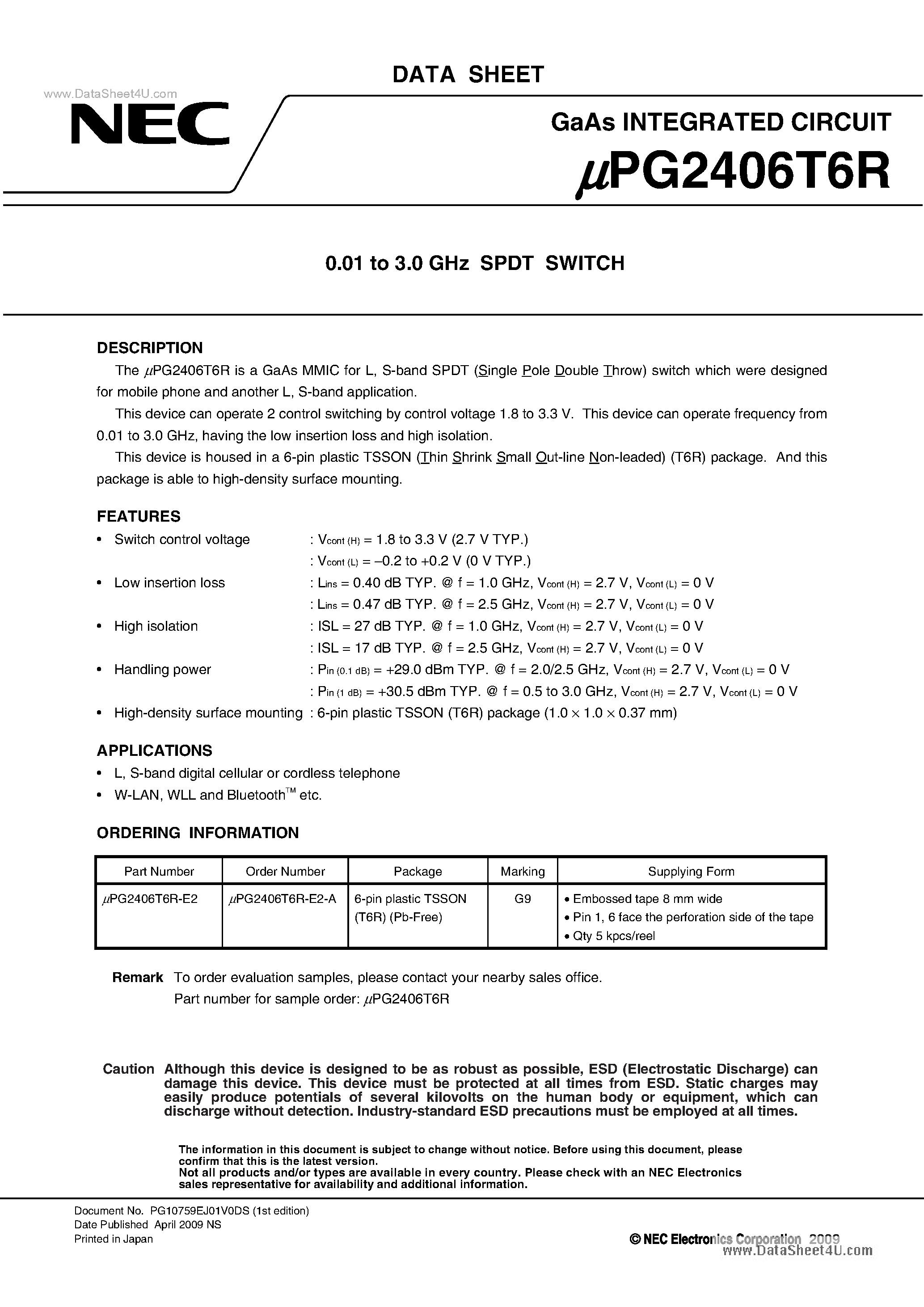 Даташит UPG2406T6R - 0.01 to 3.0 GHz SPDT SWITCH страница 1