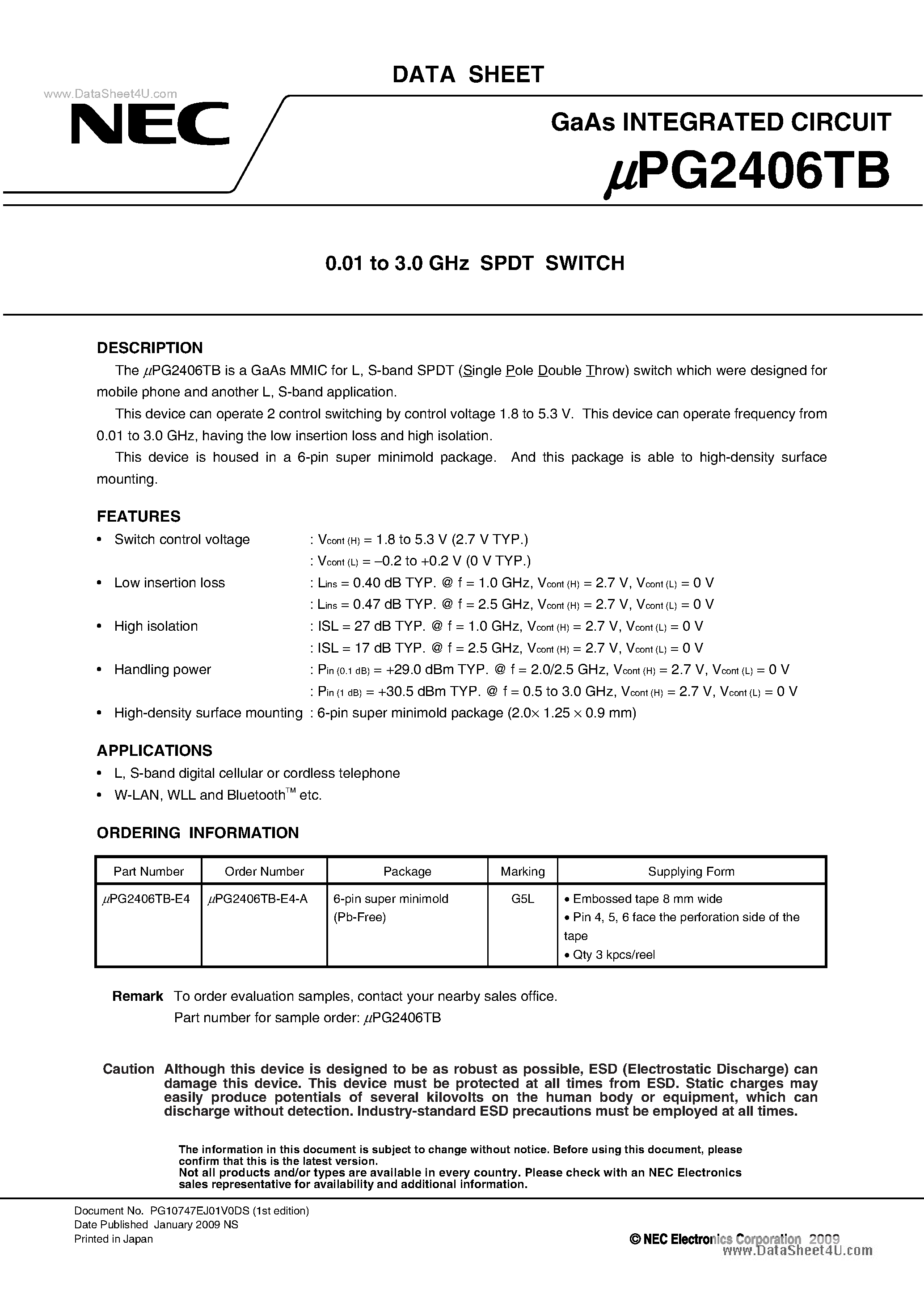 Даташит UPG2406TB - 0.01 to 3.0 GHz SPDT SWITCH страница 1