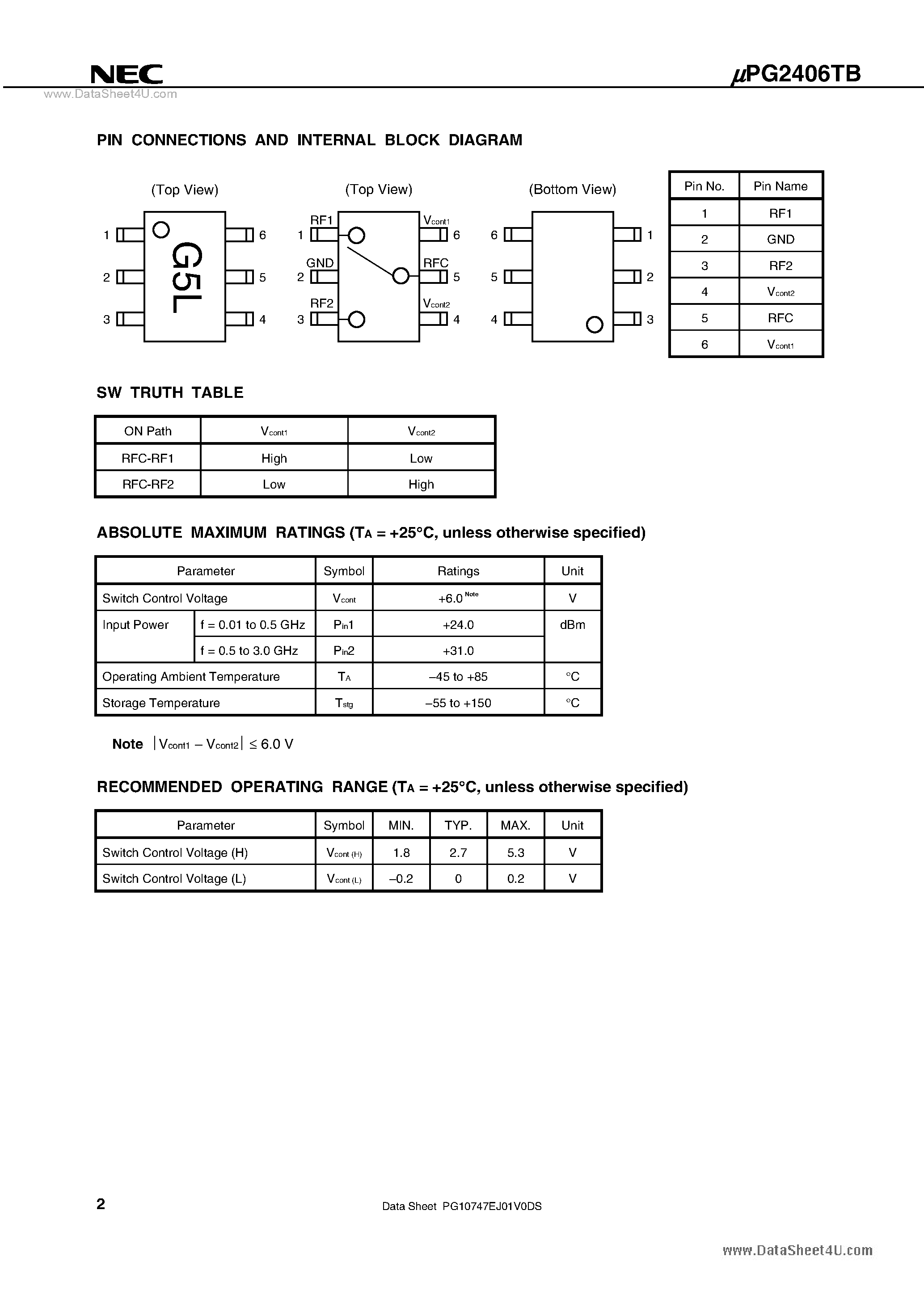 Даташит UPG2406TB - 0.01 to 3.0 GHz SPDT SWITCH страница 2