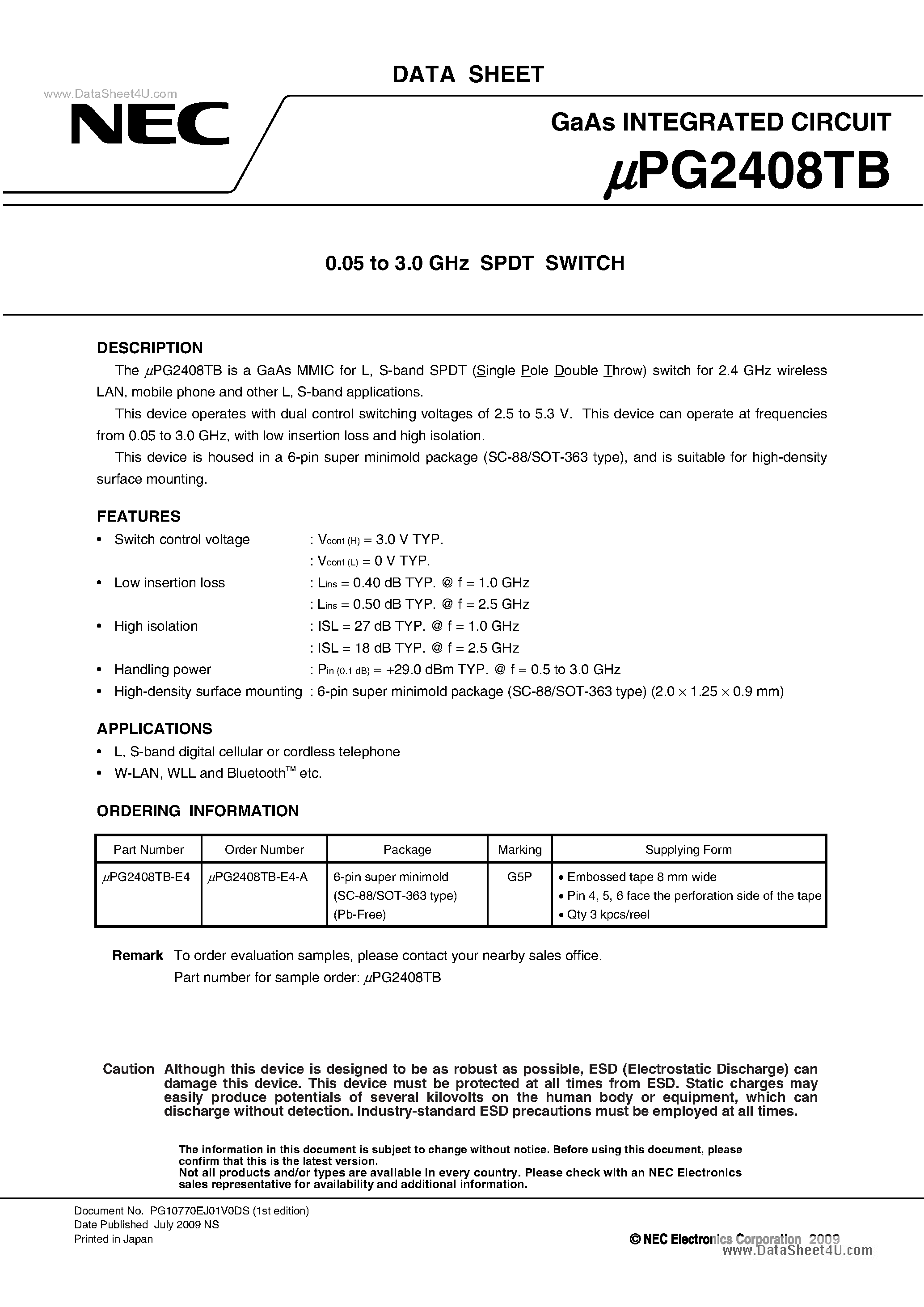 Даташит UPG2408TB - 0.05 to 3.0 GHz SPDT SWITCH страница 1