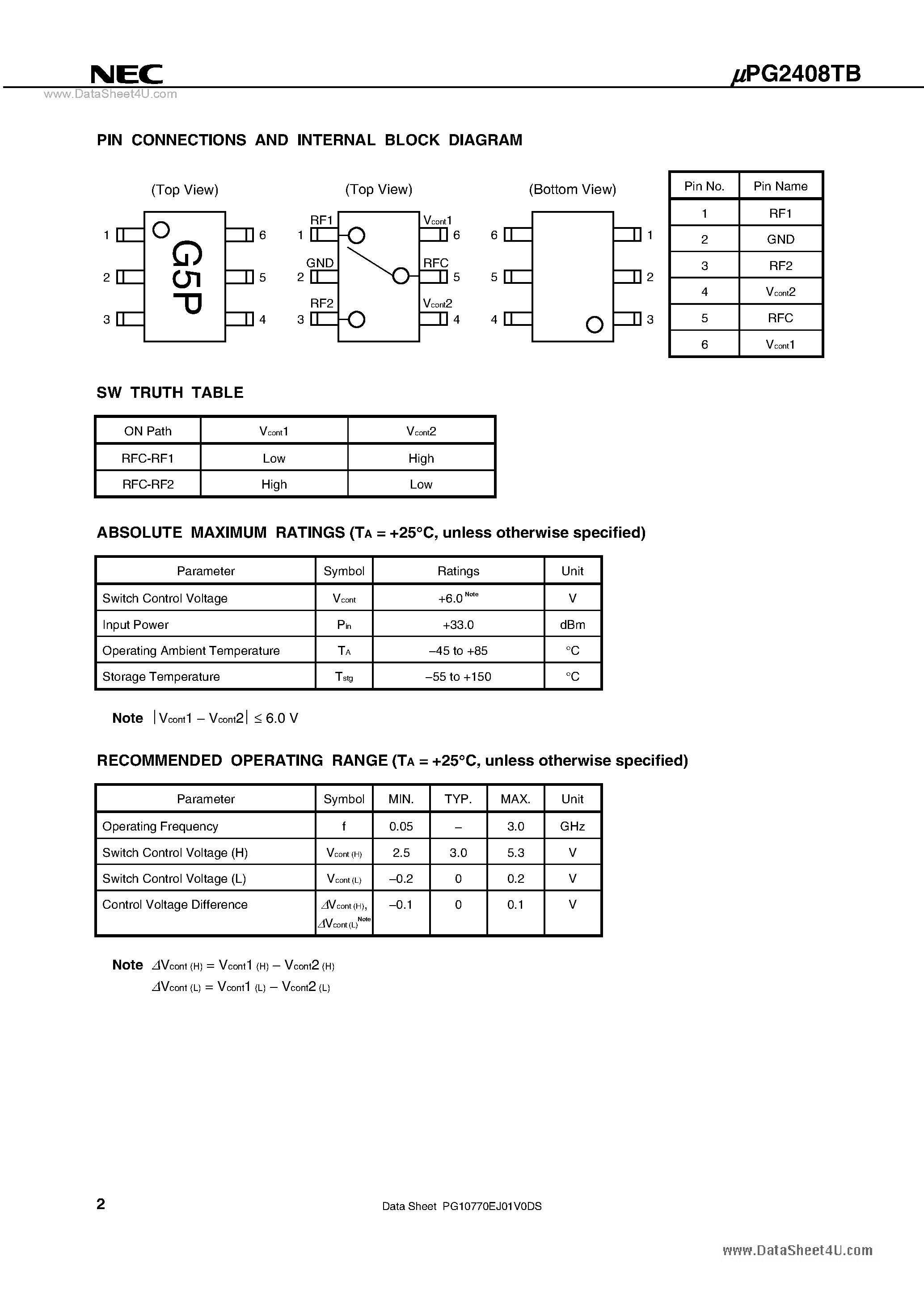 Даташит UPG2408TB - 0.05 to 3.0 GHz SPDT SWITCH страница 2