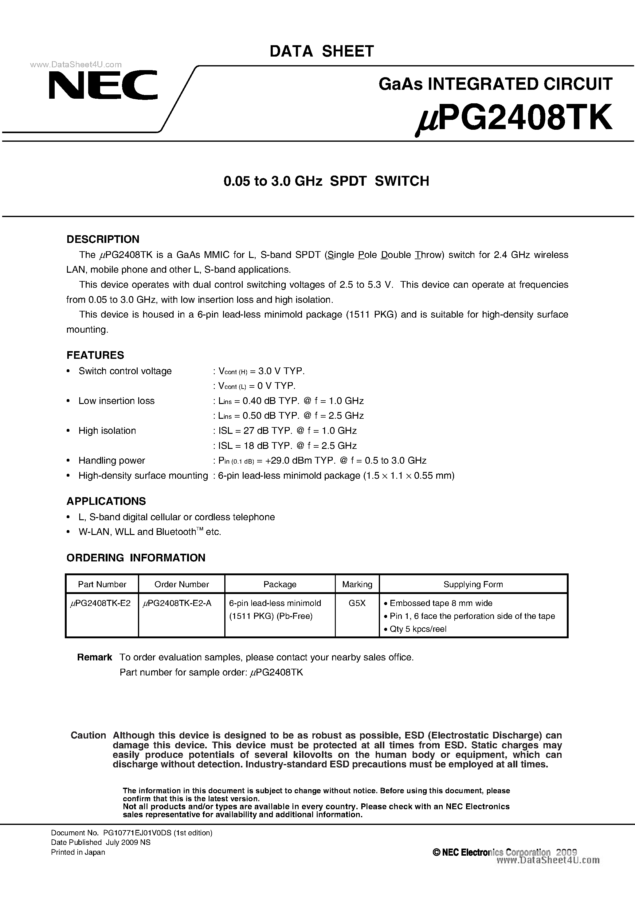 Даташит UPG2408TK - 0.05 to 3.0 GHz SPDT SWITCH страница 1