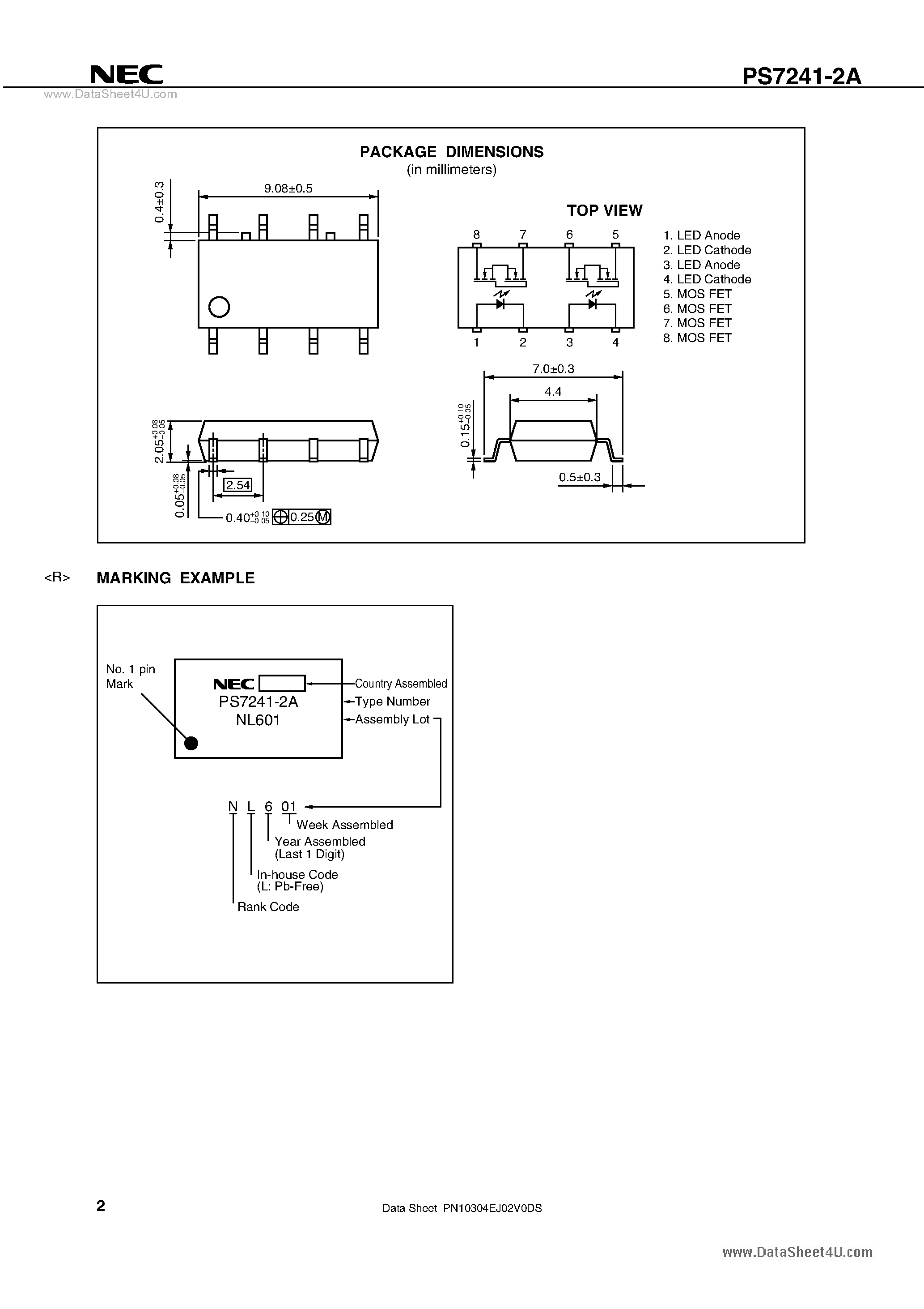 Даташит PS7241-2A - 400V BREAK DOWN VOLTAGE NORMALLY OPEN TYPE 2-ch Optical Coupled MOS FET страница 2