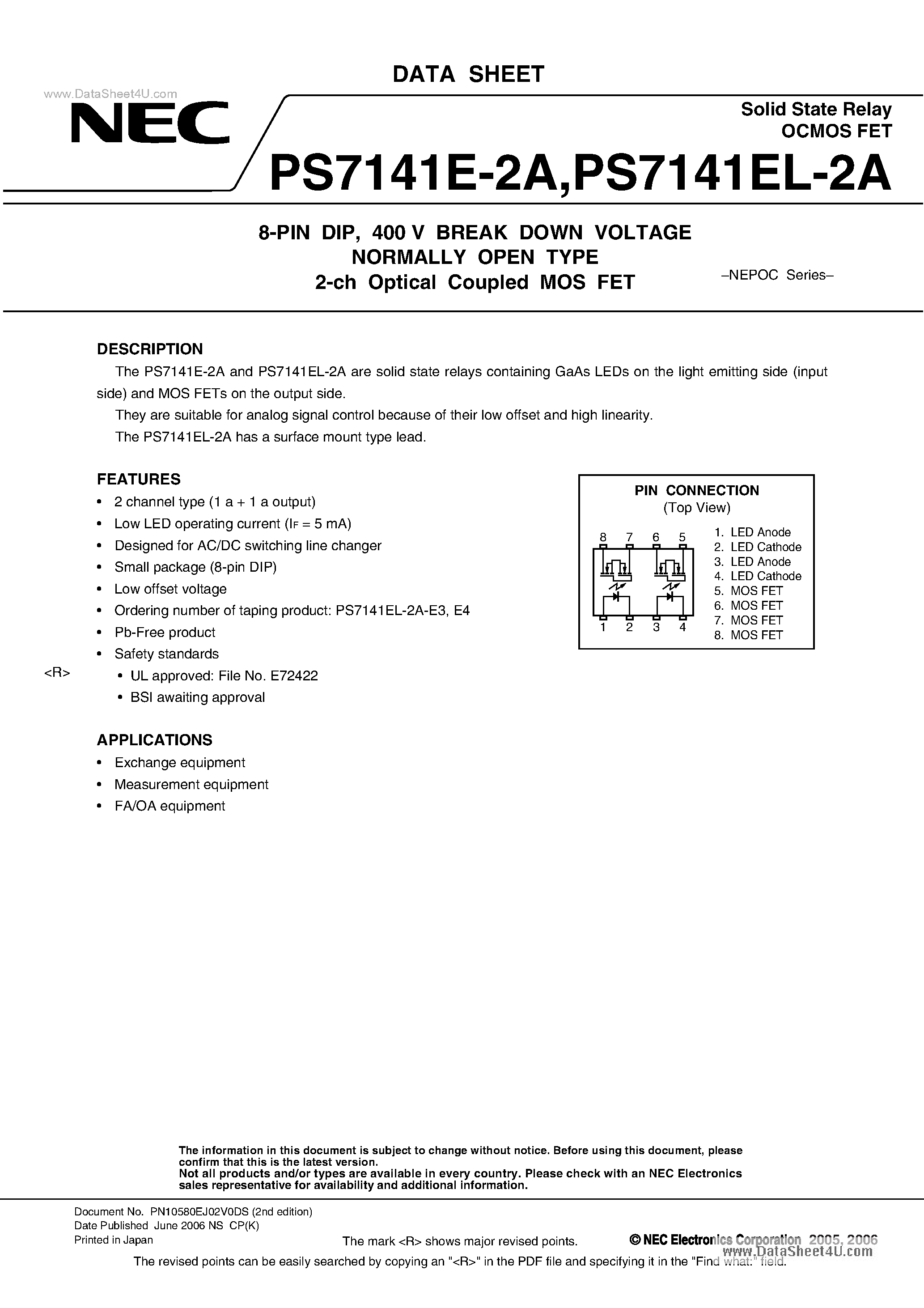 Даташит PS7141E-2A - 400 V BREAK DOWN VOLTAGE NORMALLY OPEN TYPE 2-ch Optical Coupled MOS FET страница 1