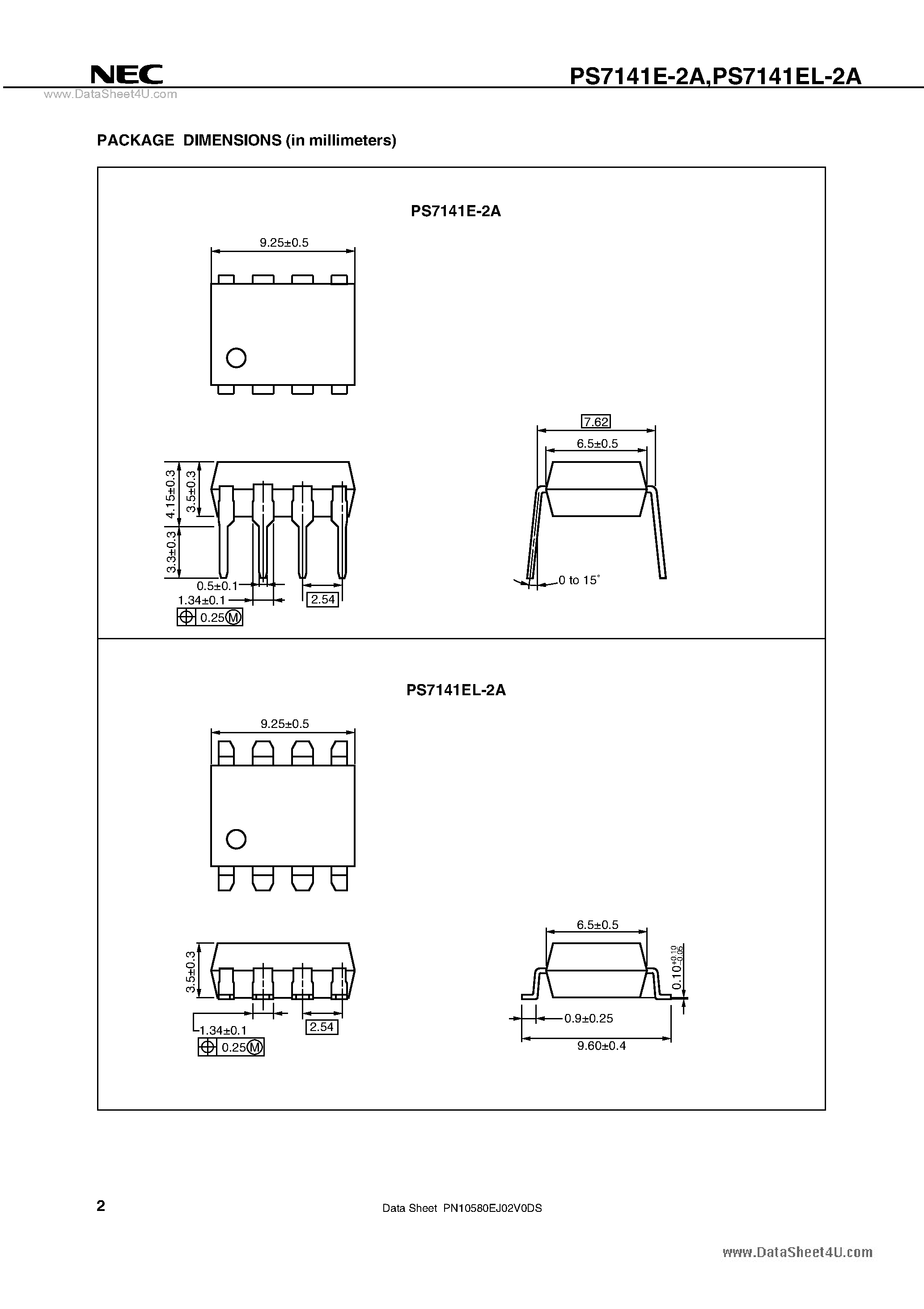 Даташит PS7141E-2A - 400 V BREAK DOWN VOLTAGE NORMALLY OPEN TYPE 2-ch Optical Coupled MOS FET страница 2