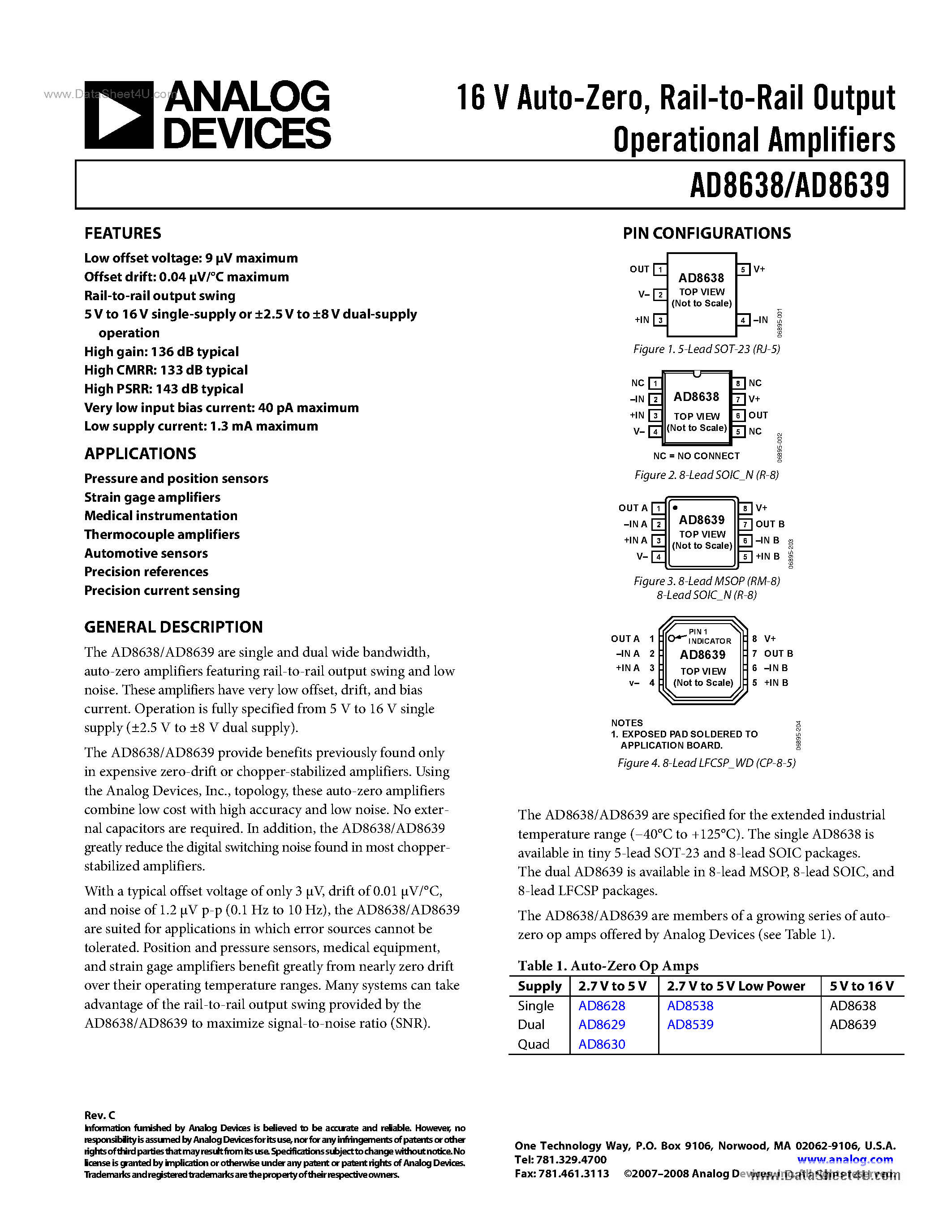 Даташит AD8639 - Rail-to-Rail Output Operational Amplifiers страница 1