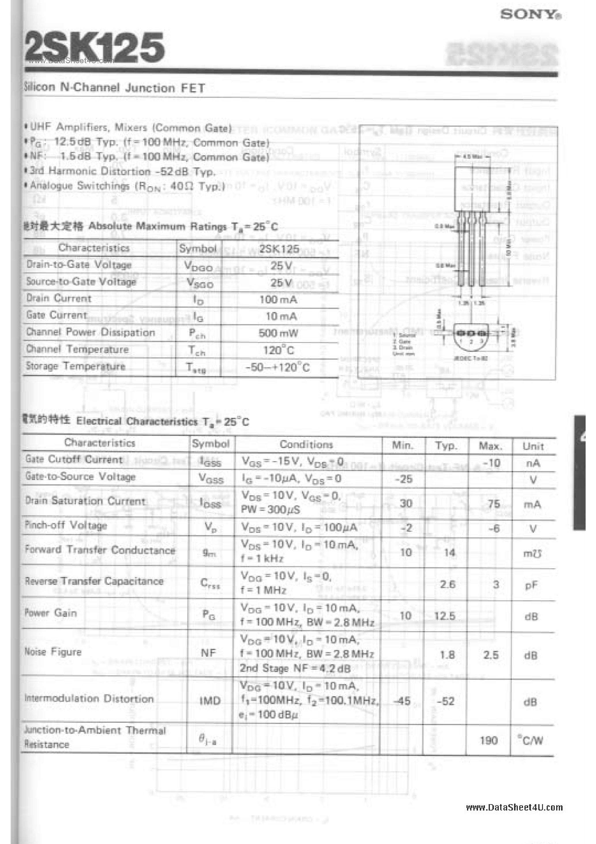 Datasheet 2SK125 - Silicon N-Channel Junction FET page 1