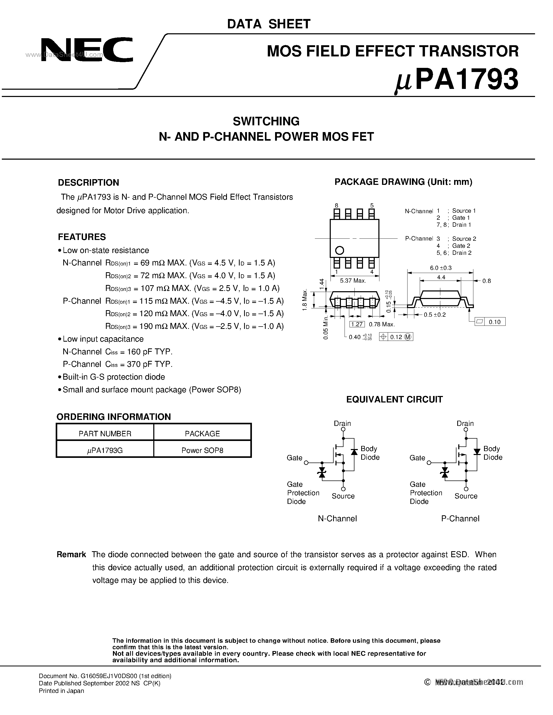 Даташит UPA1793 - SWITCHING N- AND P-CHANNEL POWER MOS FET страница 1