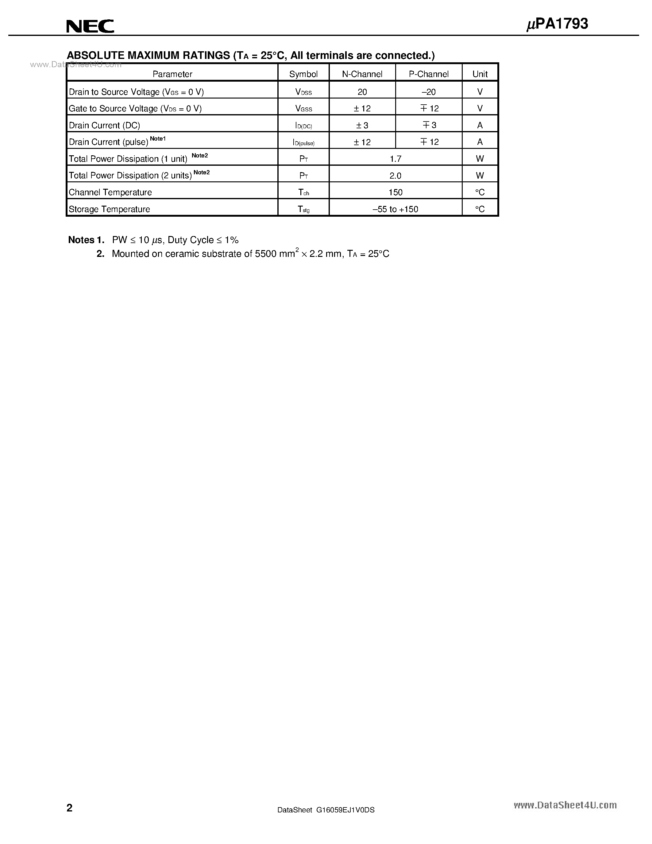 Даташит UPA1793 - SWITCHING N- AND P-CHANNEL POWER MOS FET страница 2