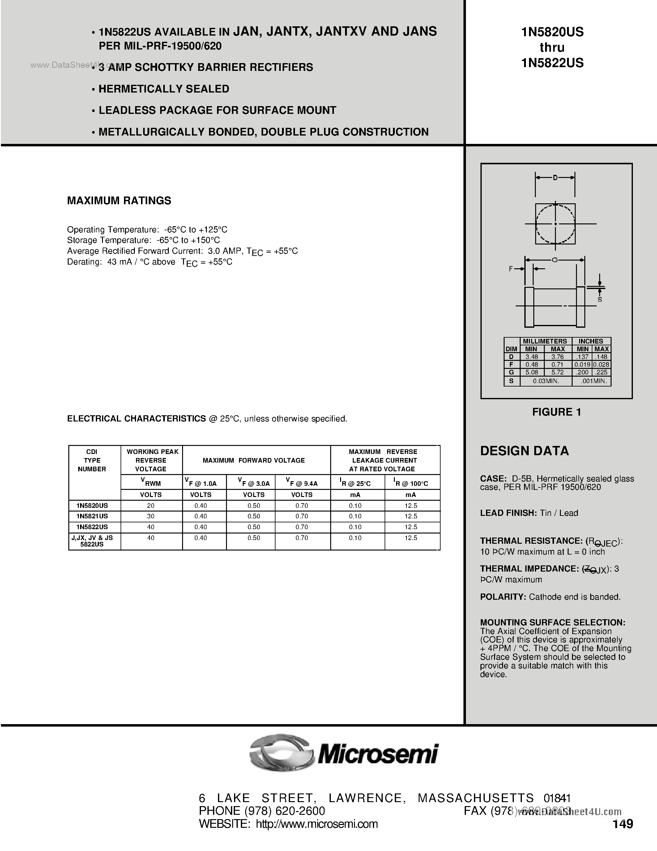 Datasheet 1N5820US - (1N5820US - 1N5822US) 3 AMP SCHOTTKY BARRIER RECTIFIERS page 1