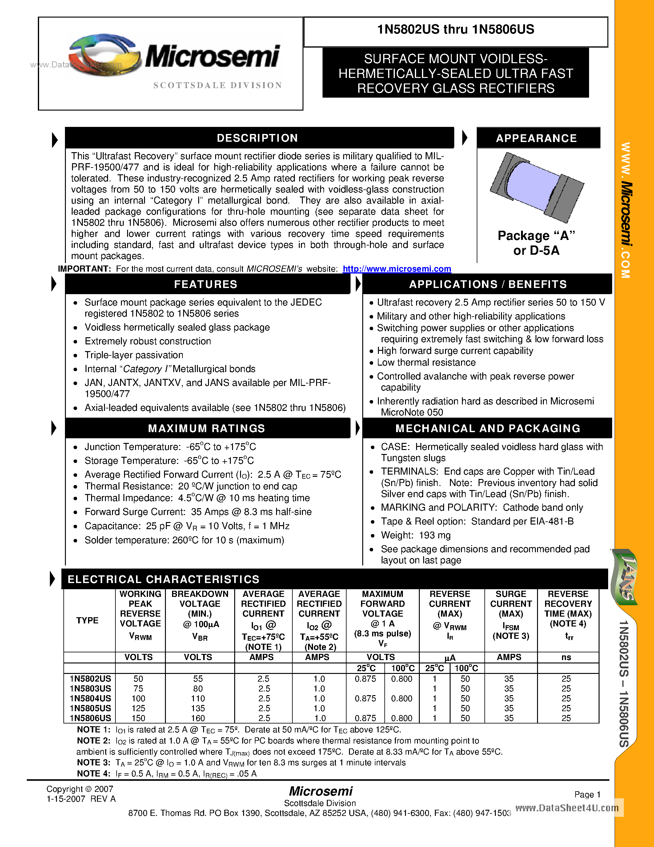 Datasheet 1N5802US - (1N5802US - 1N5806US) SURFACE MOUNT VOIDLESSHERMETICALLY- SEALED ULTRA FAST RECOVERY GLASS RECTIFIERS page 1