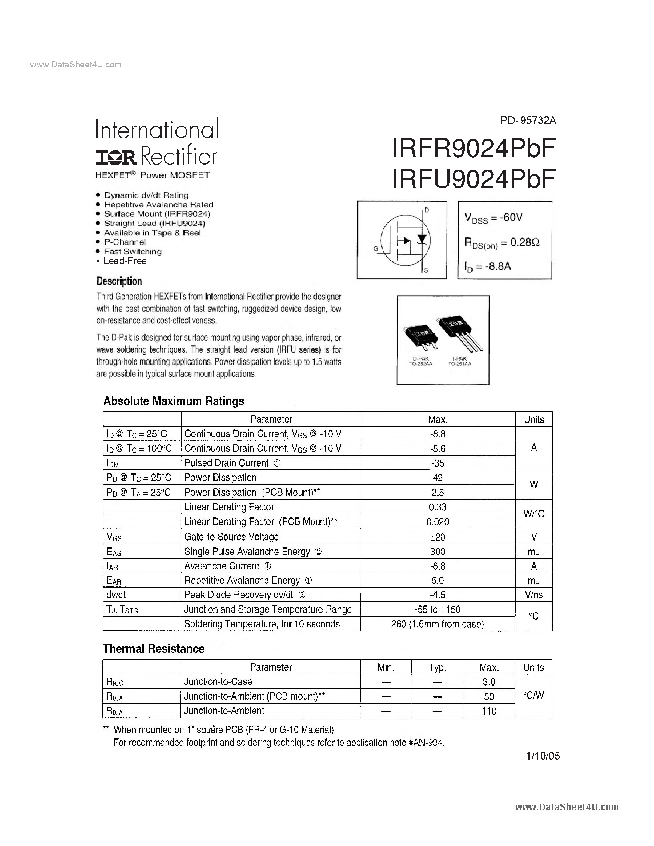 Даташит IRFR9024PBF - HEXFET POWER MOSFET страница 1