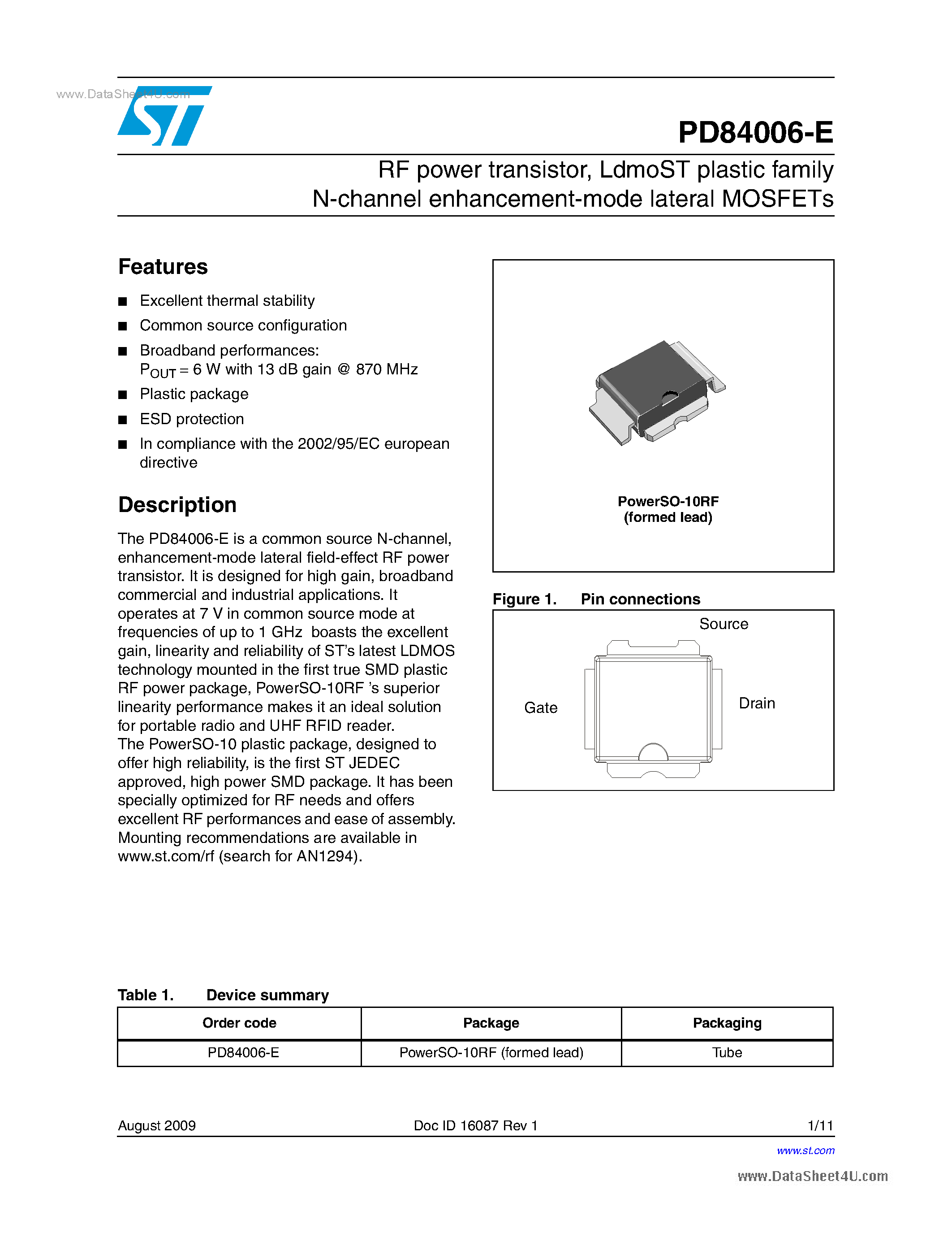 Даташит PD84006-E - RF Power Transistor страница 1