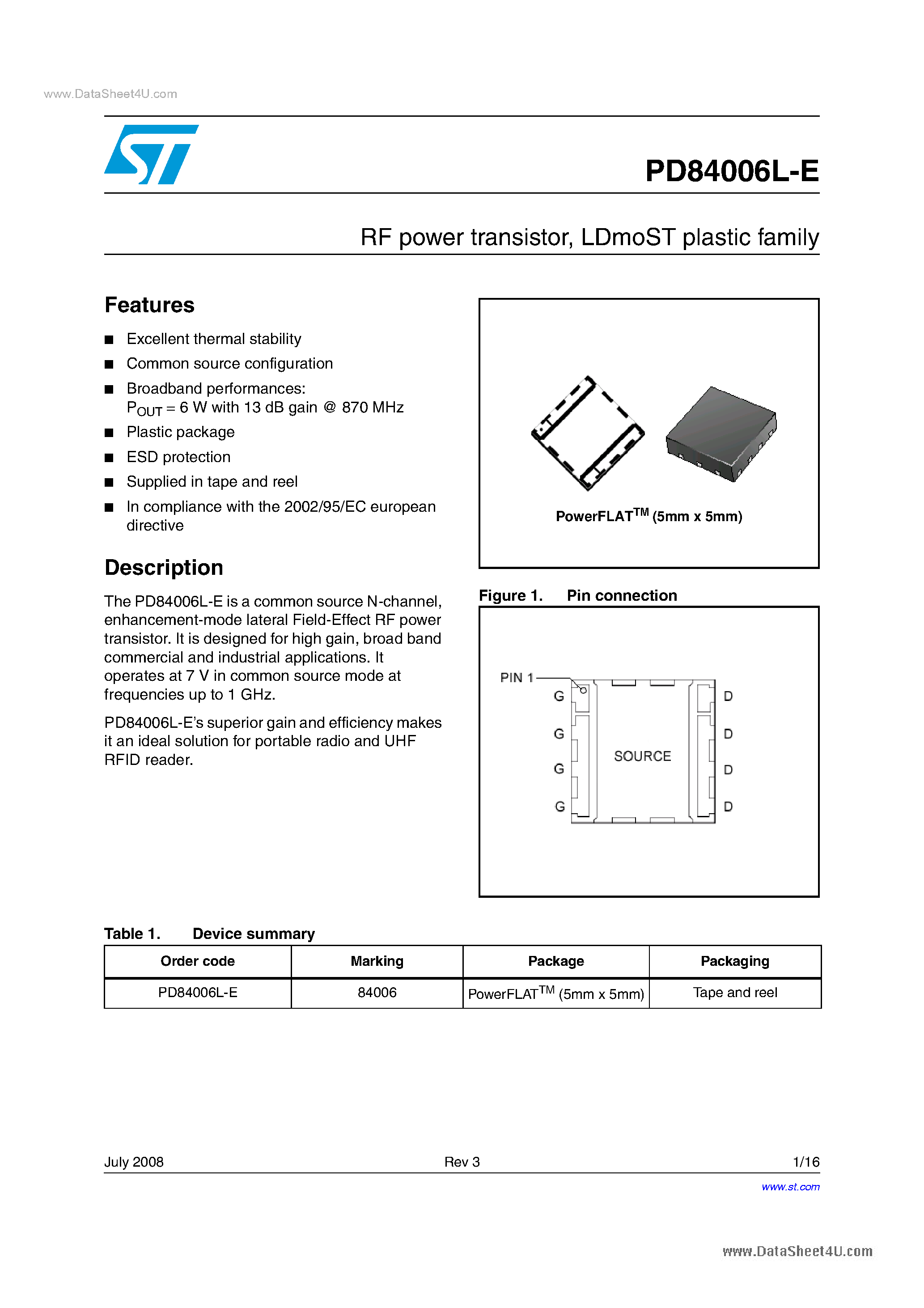 Datasheet PD84006L-E - RF power transistor page 1