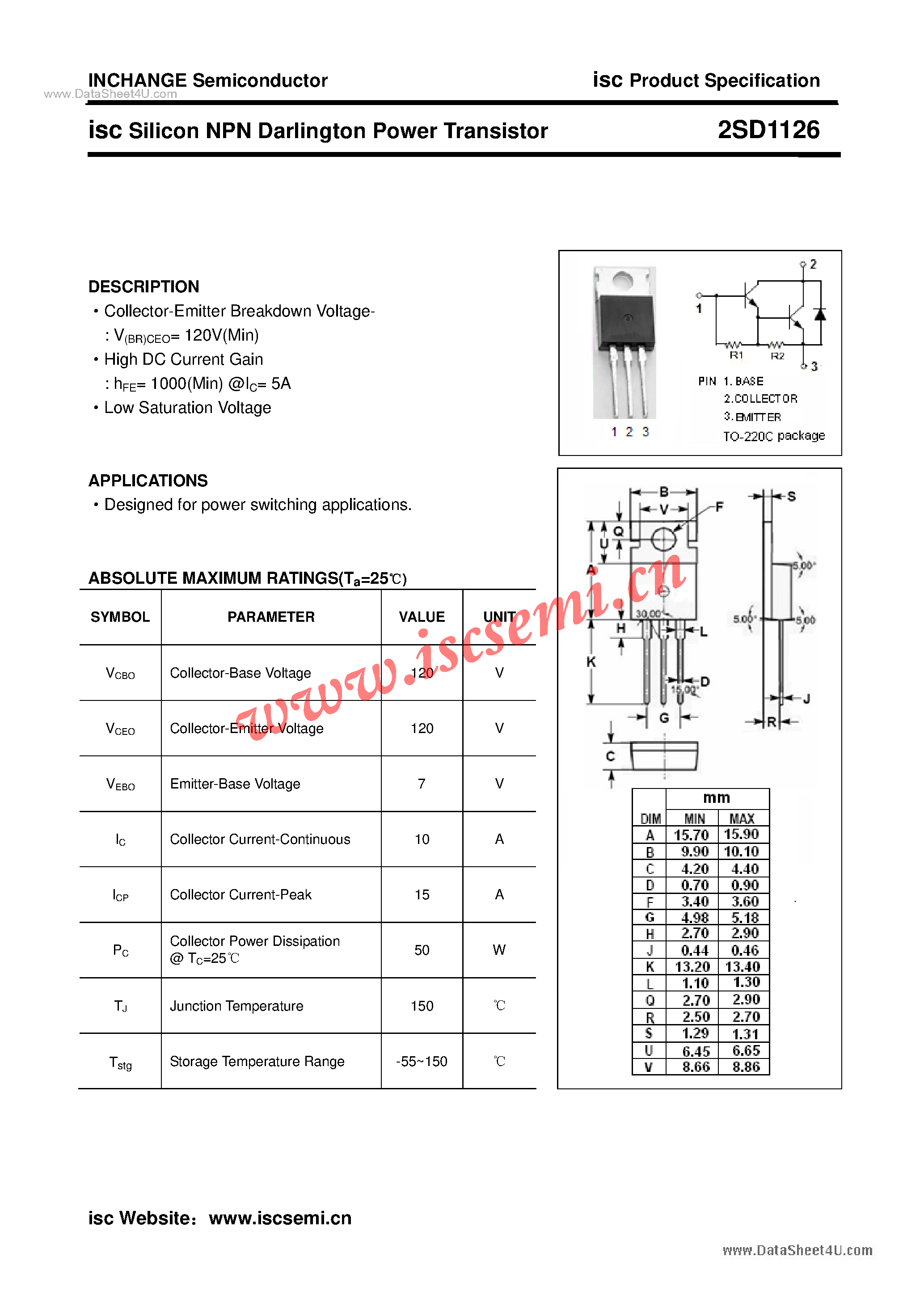 Даташит 2SD1126 - Silicon NPN Darlington Power Transistor страница 1