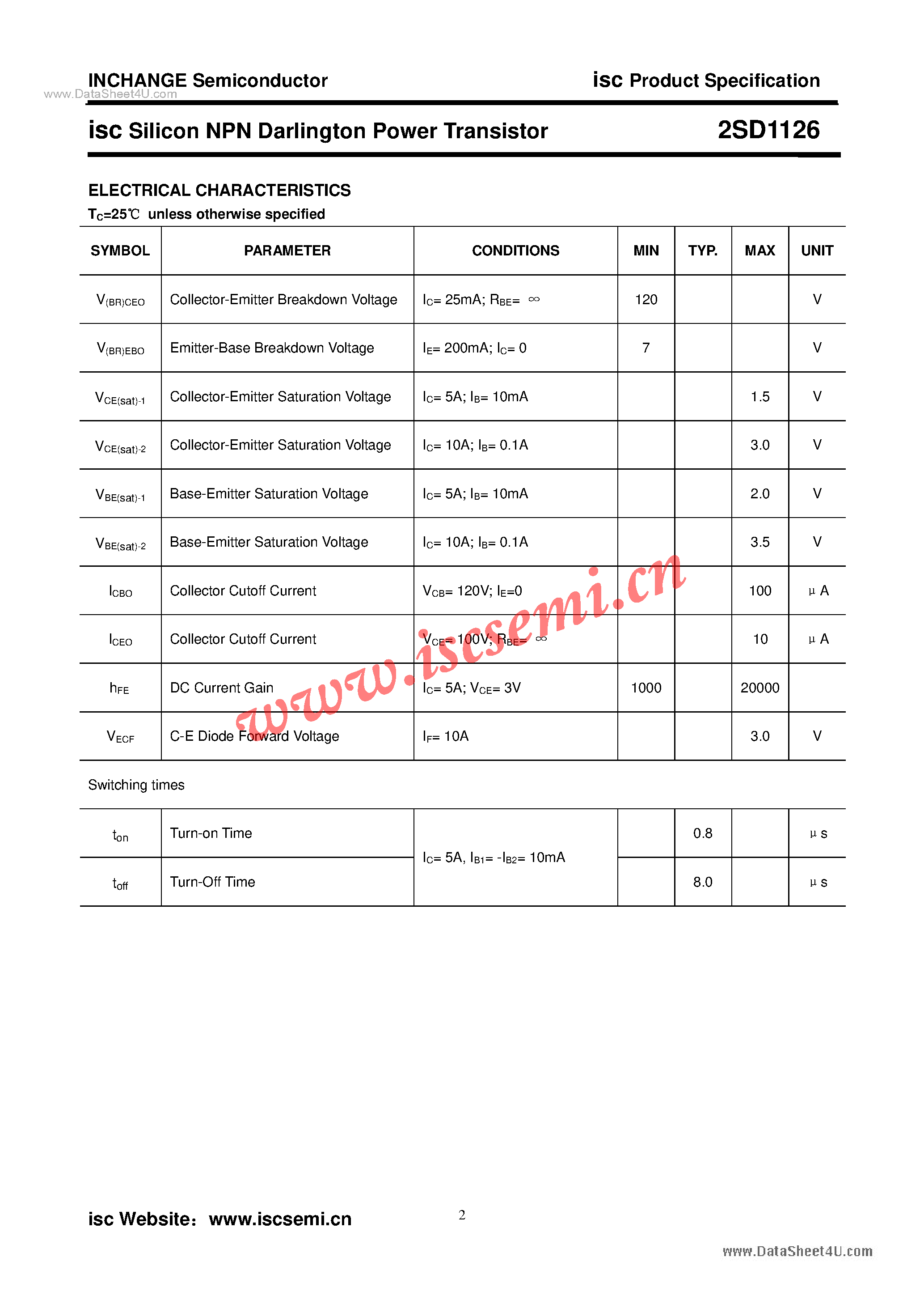 Даташит 2SD1126 - Silicon NPN Darlington Power Transistor страница 2