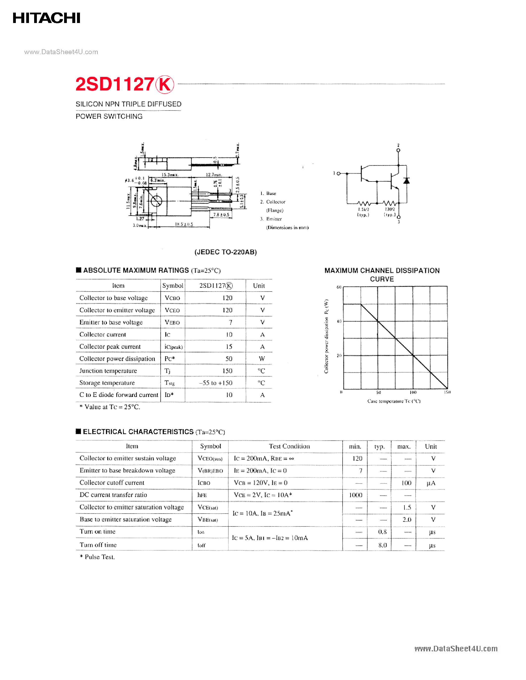 Даташит 2SD1127 - SILICON NPN TRIPLE DIFFUSED POWER SWITCHING страница 1