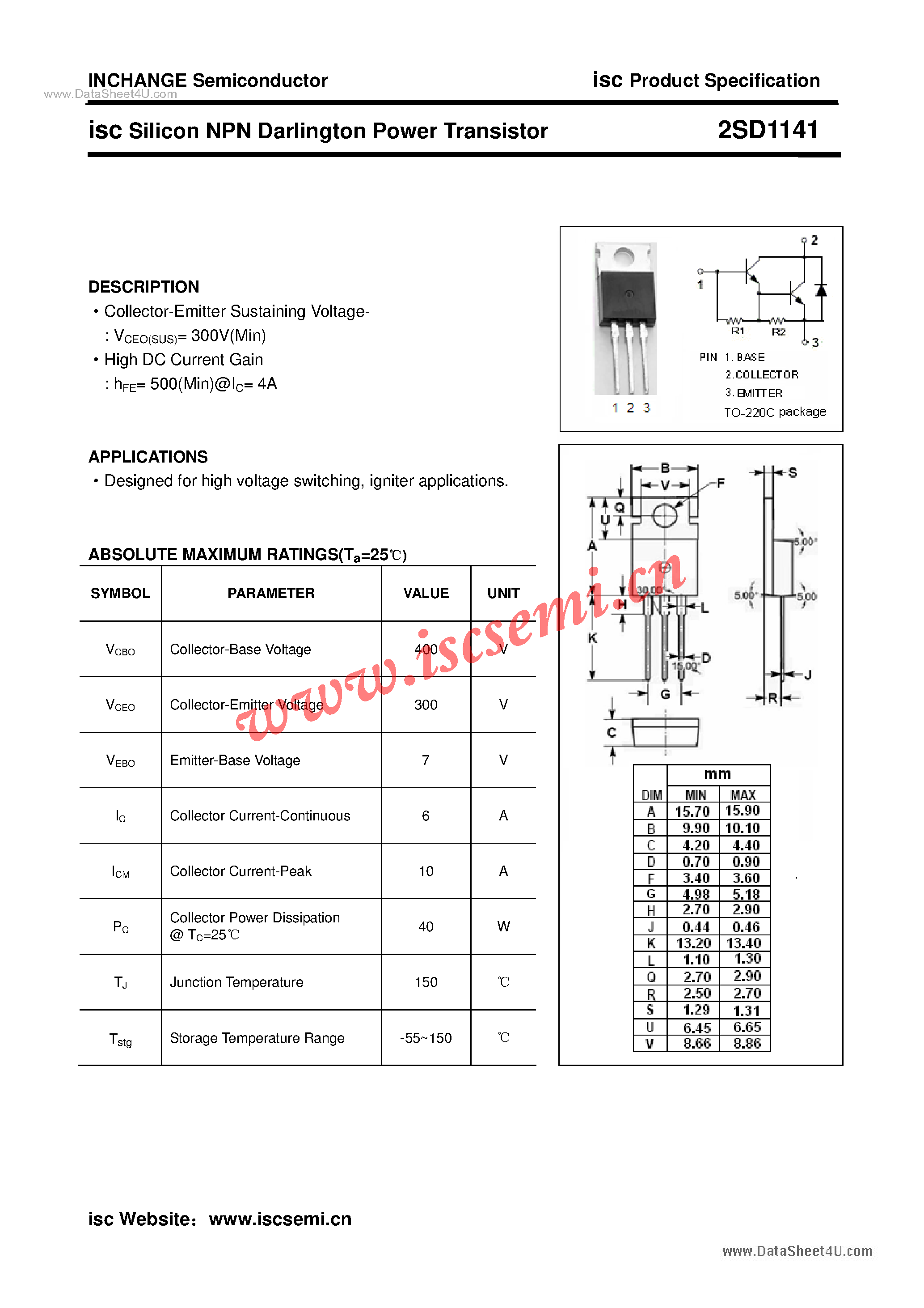 Даташит 2SD1141 - Power Transistor страница 1