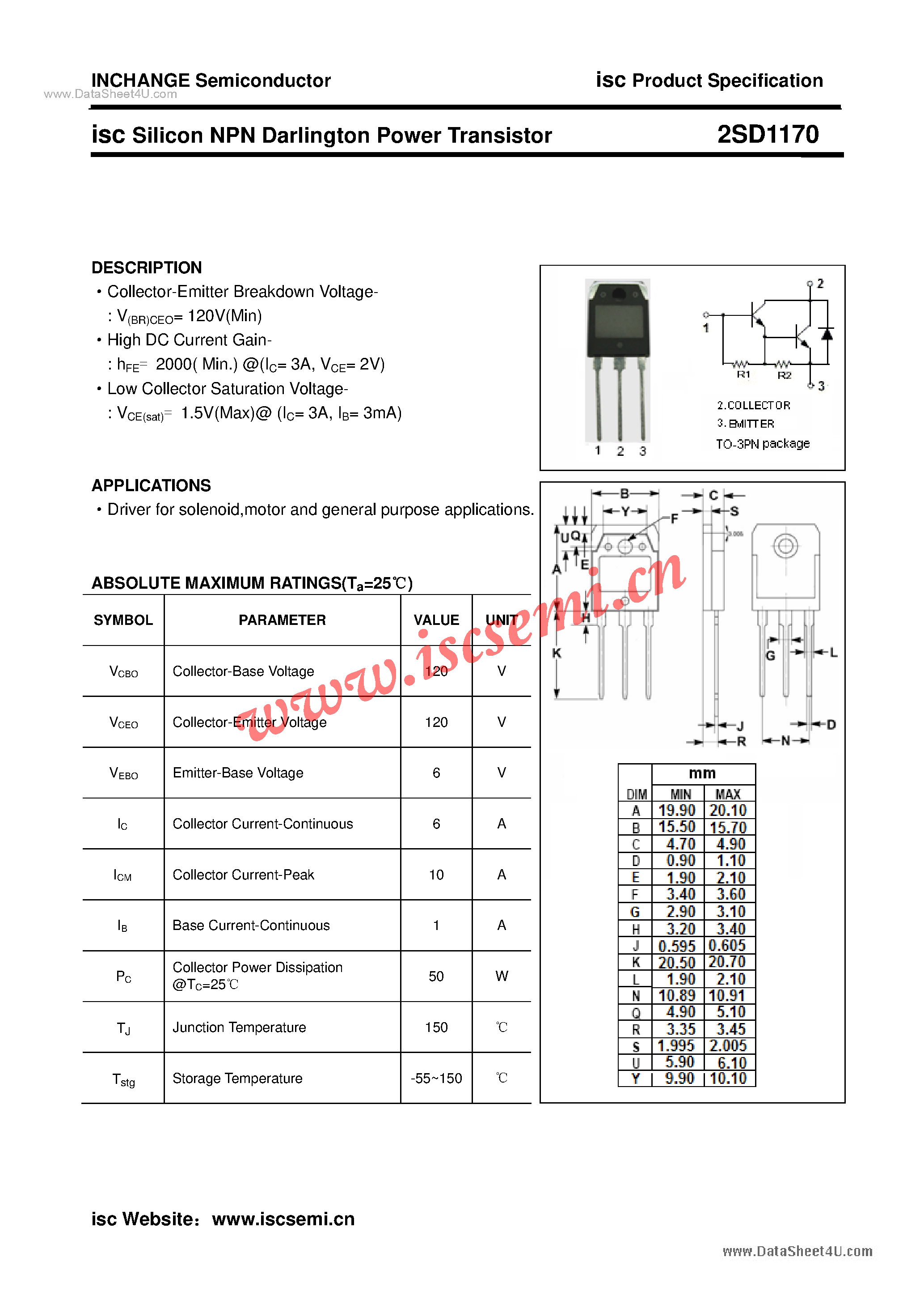 Даташит 2SD1170 - Power Transistor страница 1