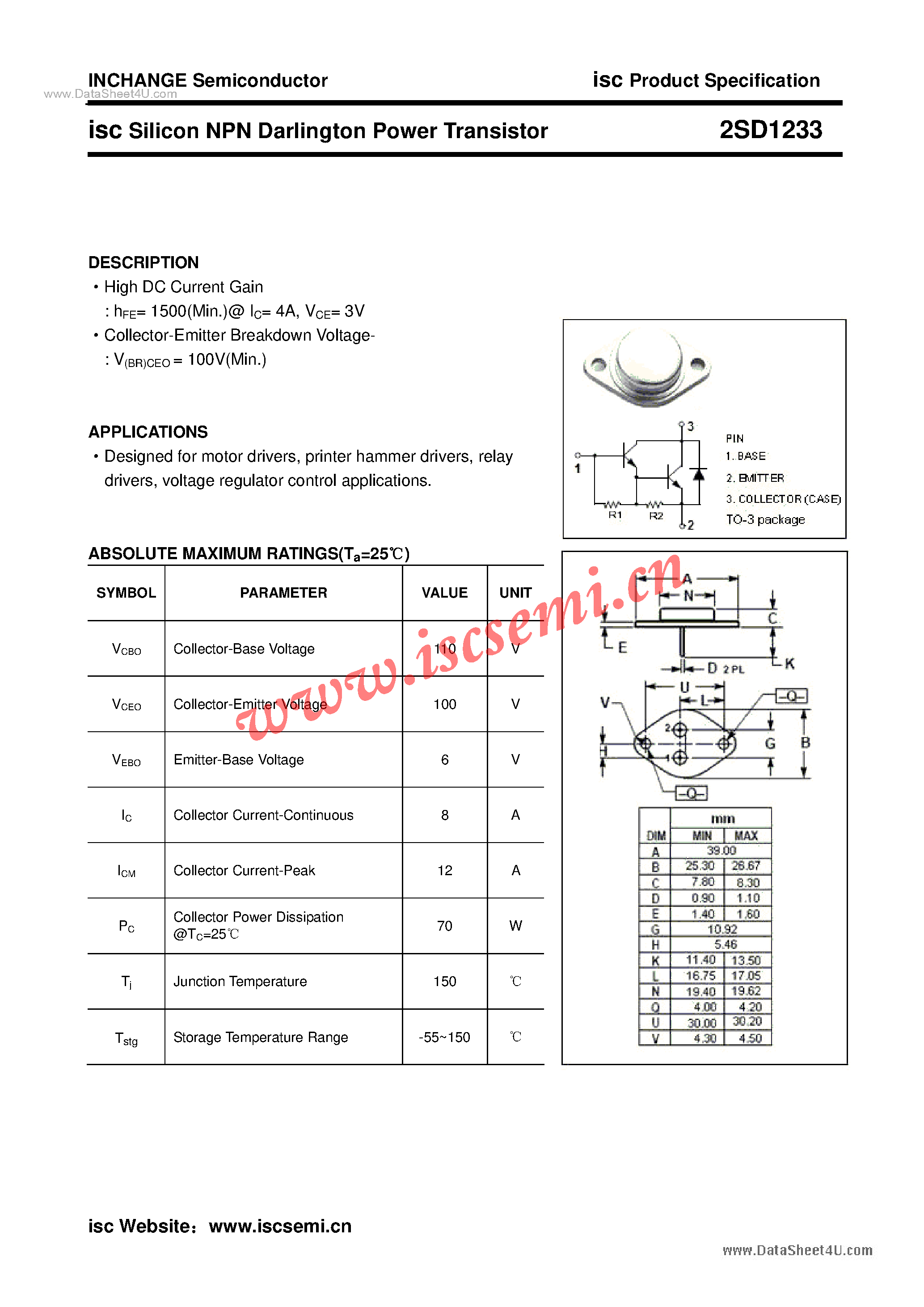 Даташит 2SD1233 - Power Transistor страница 1