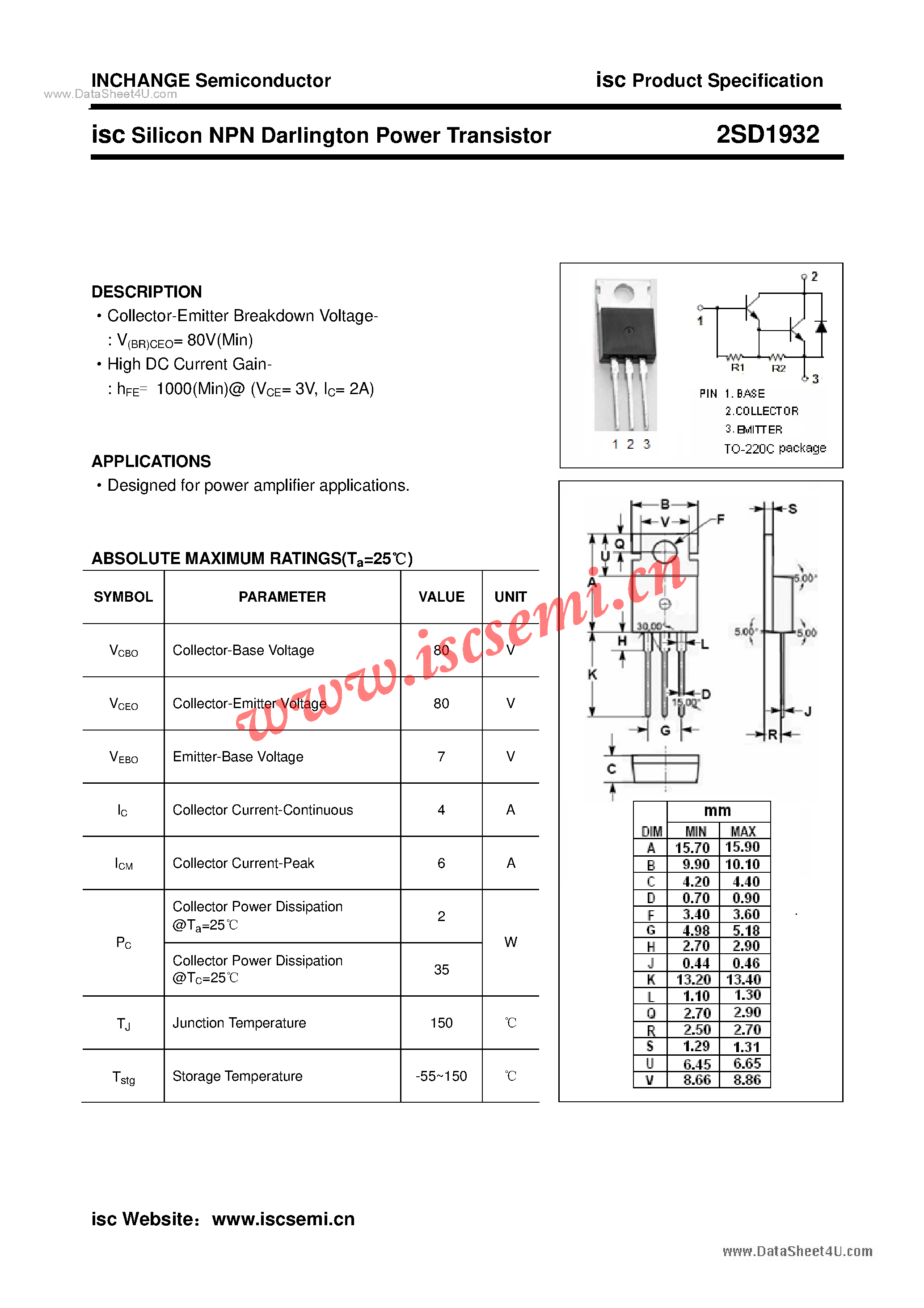 Даташит 2SD1932 - Power Transistor страница 1