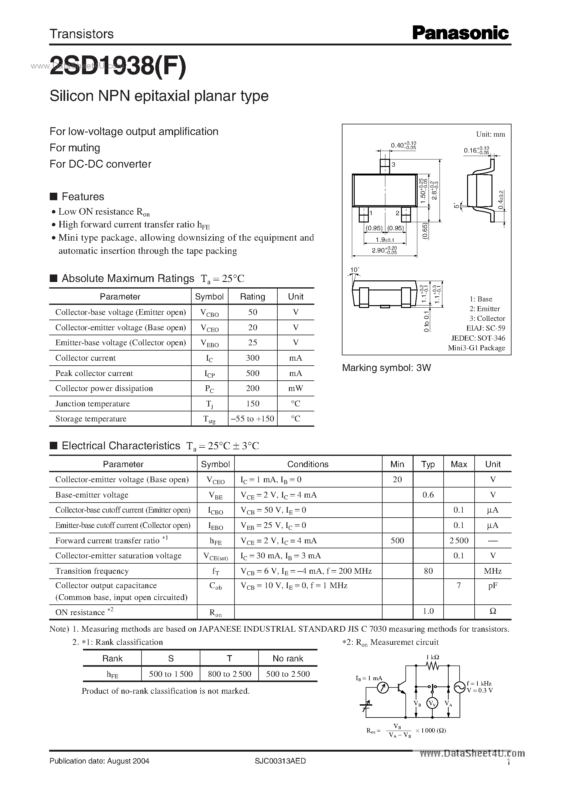 Даташит 2SD1938 - Silicon NPN epitaxial planar type страница 1