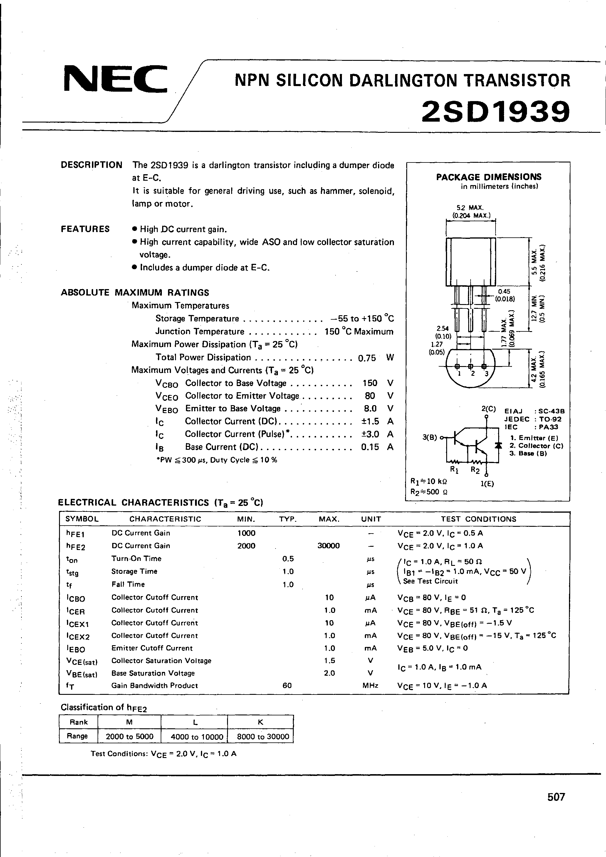 Даташит 2SD1939 - NPN SILICON DARLINGTON TRANSISTOR страница 1